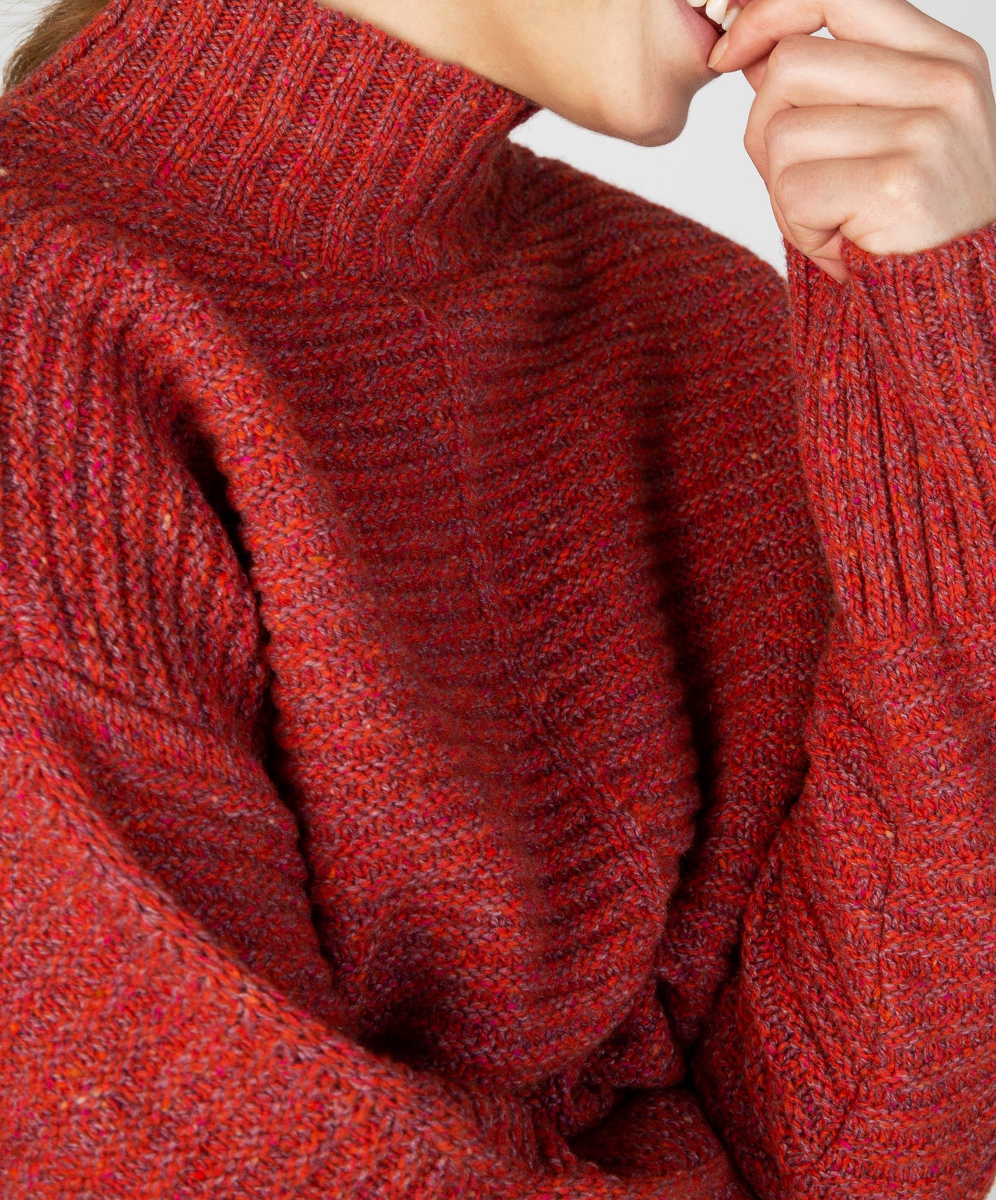 IrelandsEye Knitwear ‘Iris’ Contrast Panel Funnel Neck Sweater Sunset