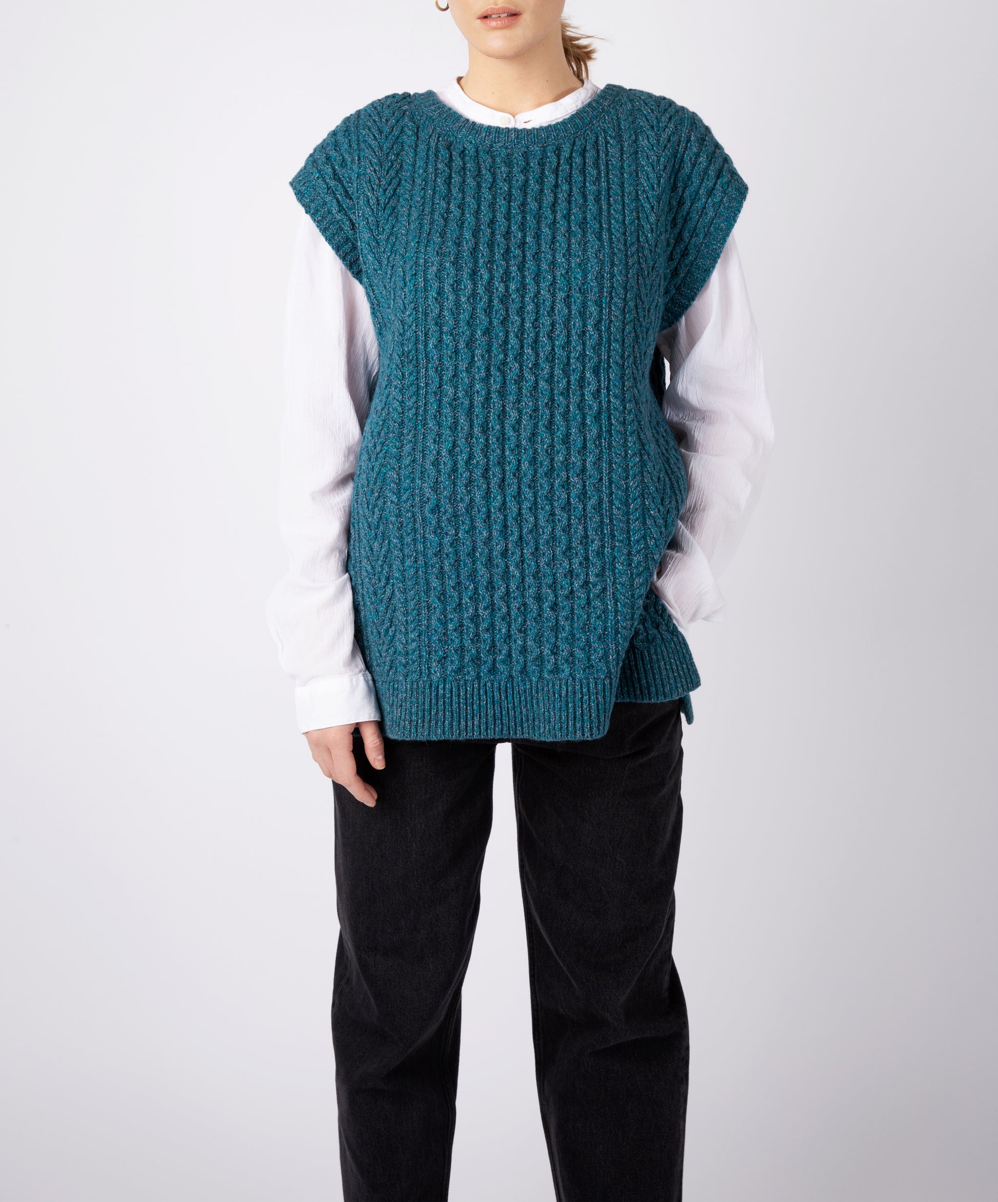 IrelandsEye Knitwear Fennel Oversized Aran Sweater Vest Aquamarine