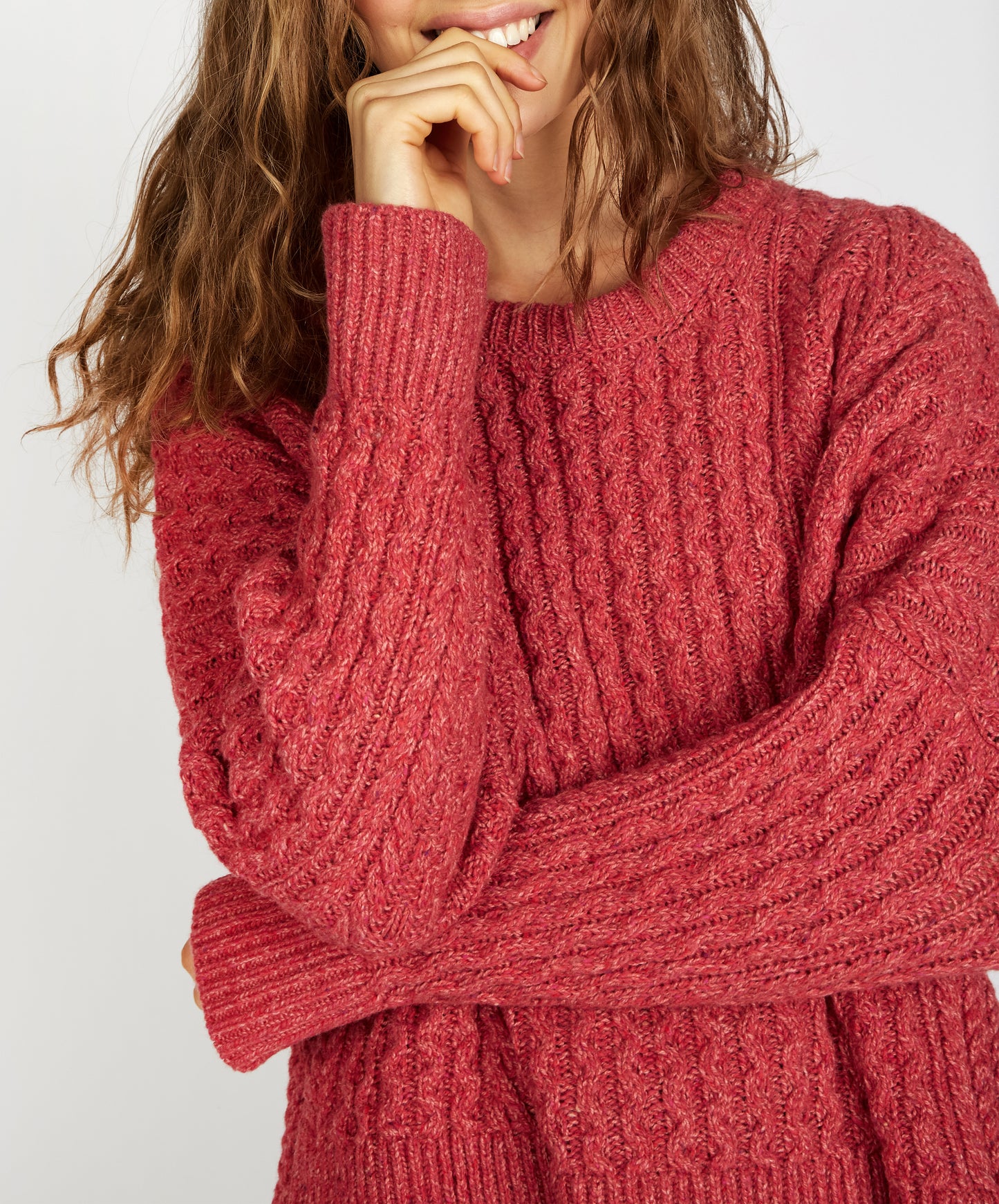IrelandsEye Knitwear Sorrell Cropped Aran Sweater Coral