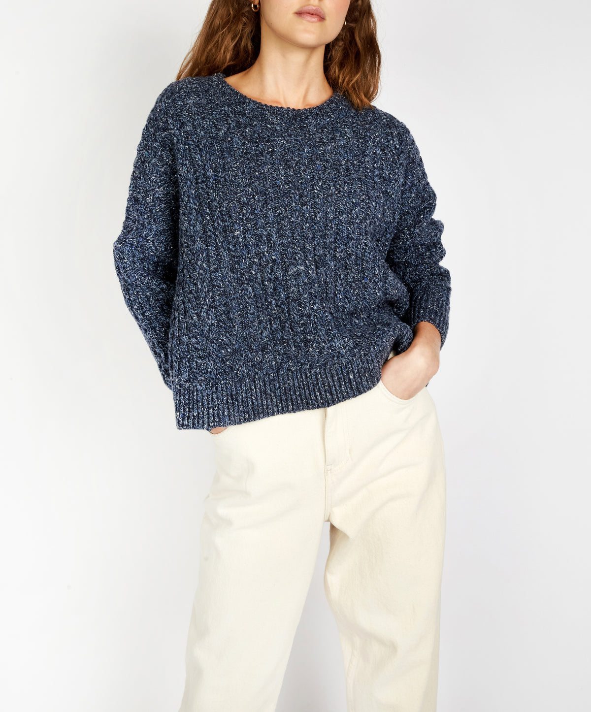 IrelandsEye Knitwear Sorrell Cropped Aran Sweater Dark Denim
