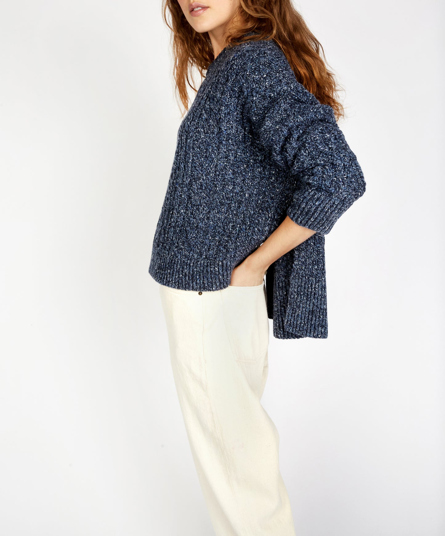 IrelandsEye Knitwear Sorrell Cropped Aran Sweater Dark Denim