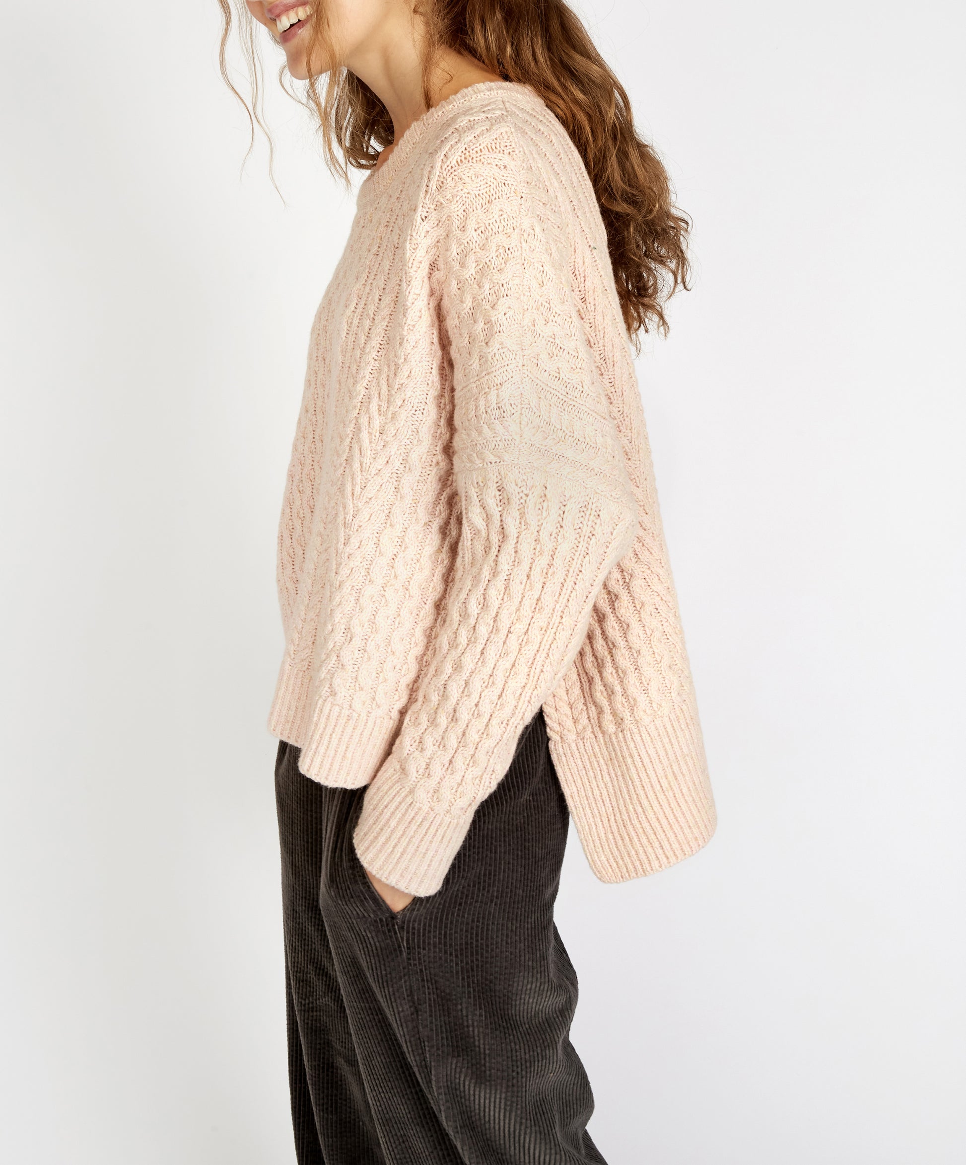 IrelandsEye Knitwear Sorrell Cropped Aran Sweater Opal Pink