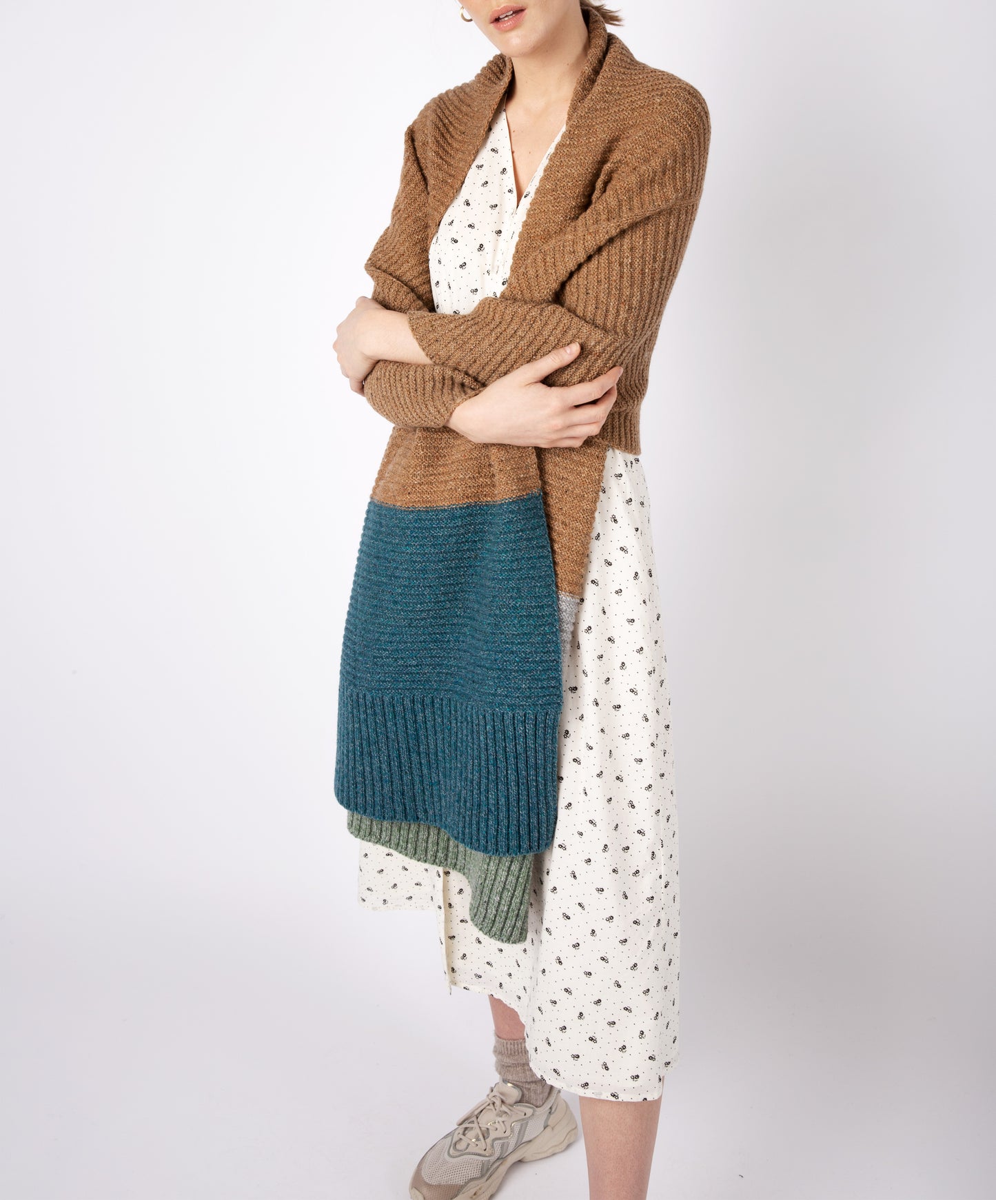 IrelandsEye Knitwear Knitted 'Elder' Contrast Panel Wrap Aquamarine Biscuit