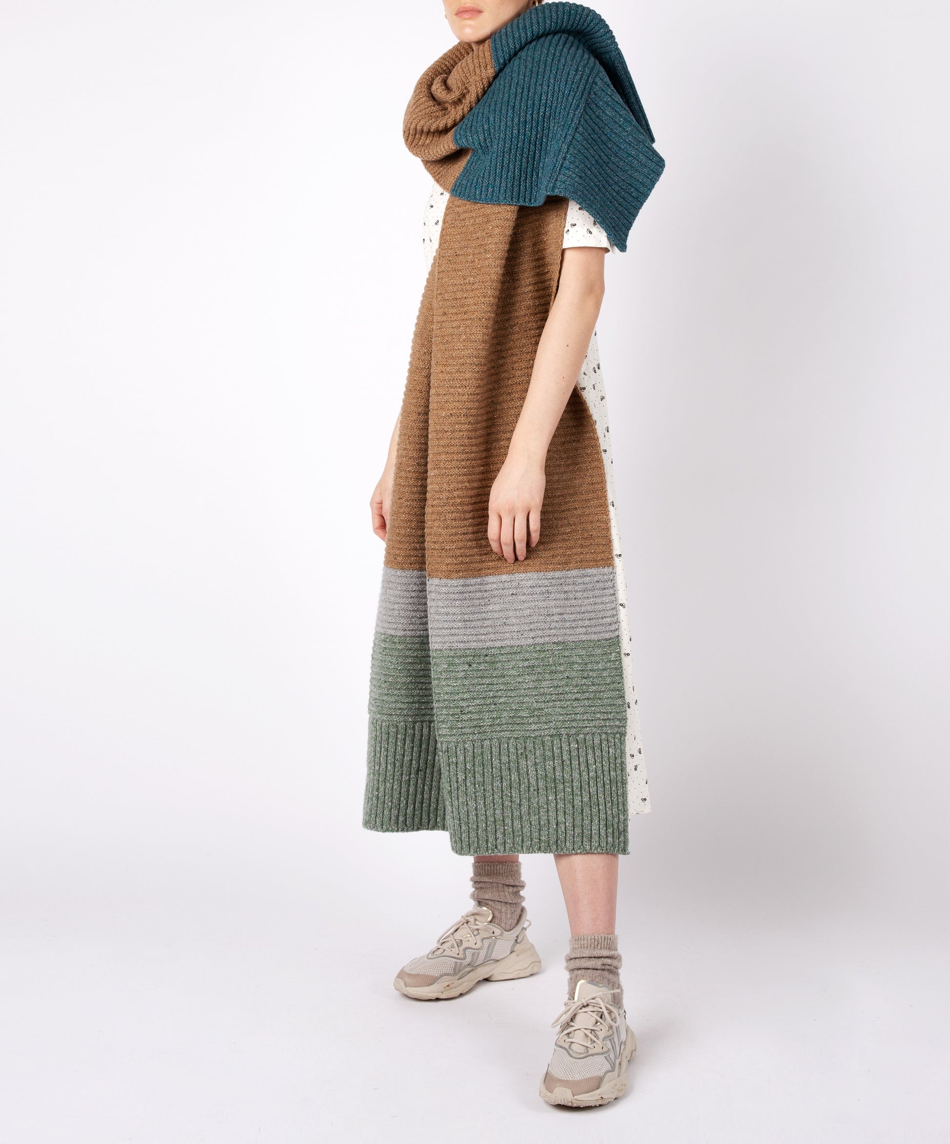 IrelandsEye Knitwear Knitted 'Elder' Contrast Panel Wrap Aquamarine Biscuit