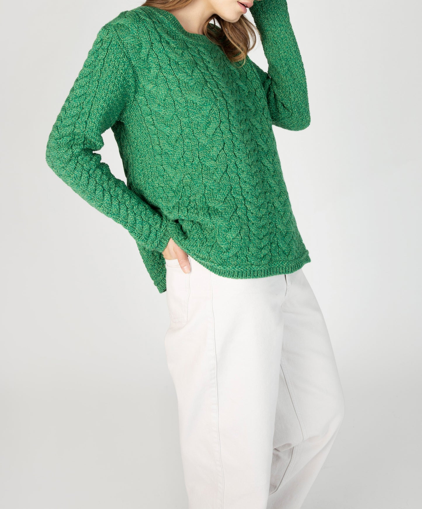 IrelandsEye Knitwear Primrose A-Line Cable Round Neck Sweater Green Marl
