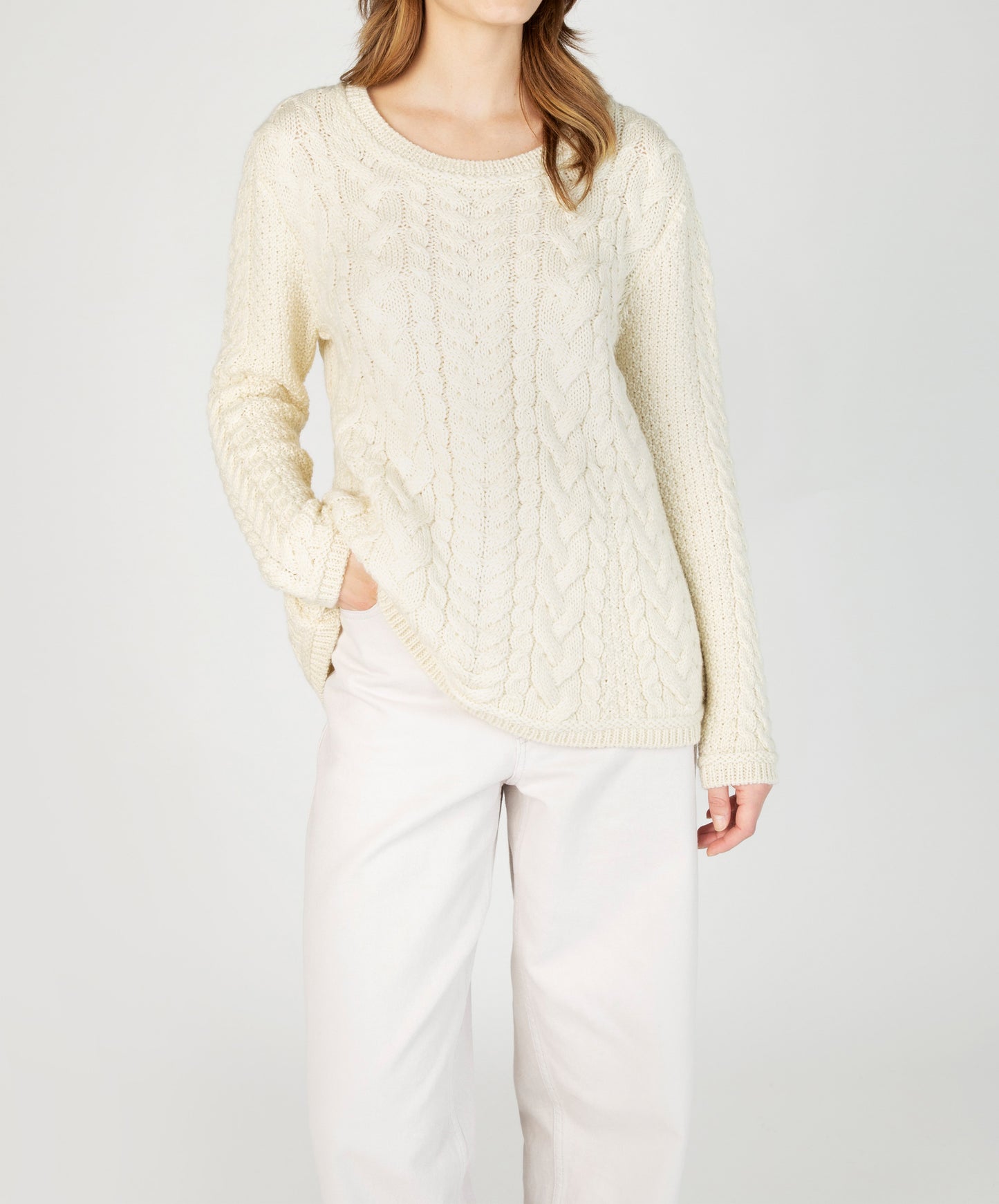 IrelandsEye Knitwear Primose A-Line Cable Round Neck Sweater Natural