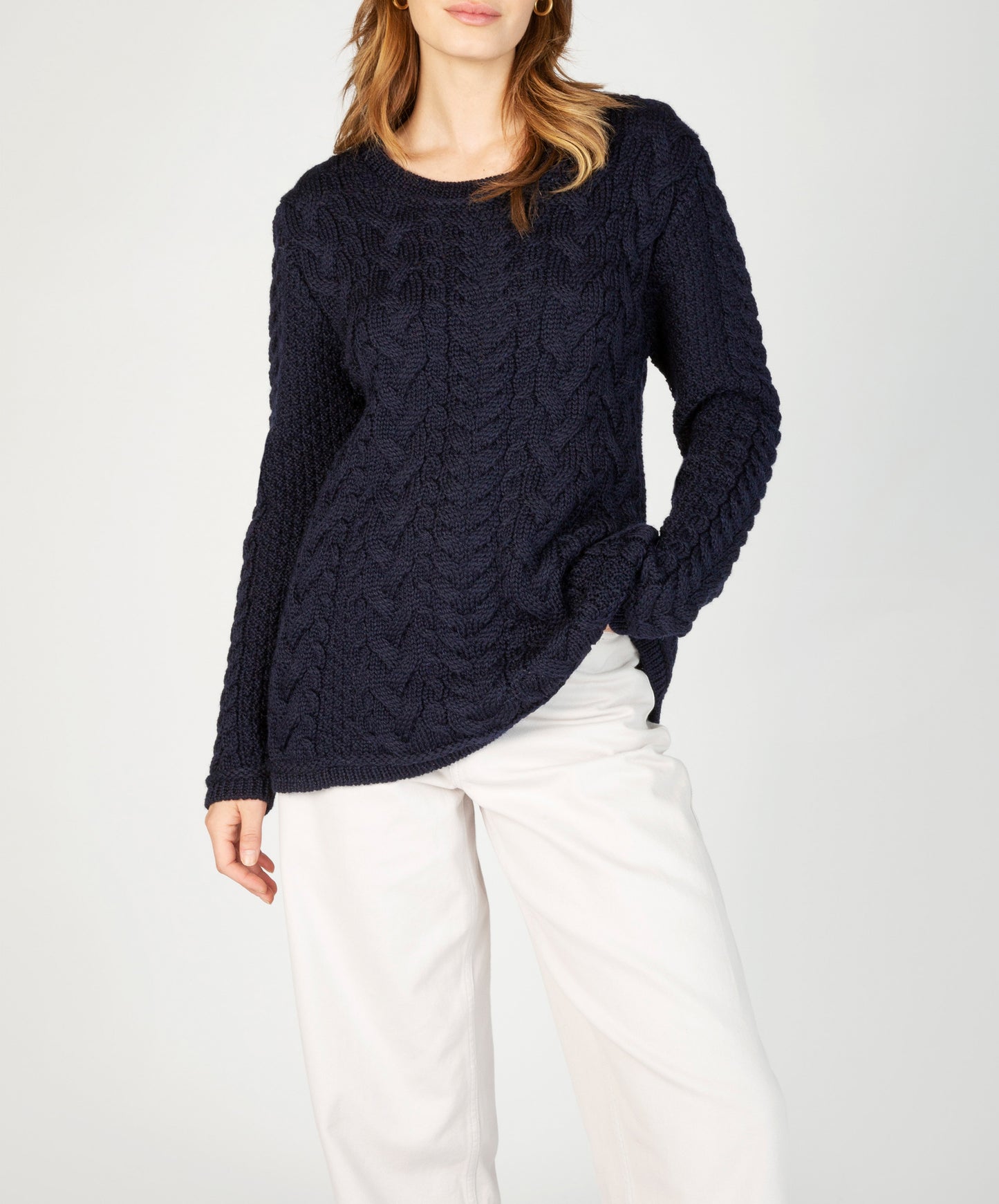 IrelandsEye Knitwear Primose A-Line Cable Round Neck Sweater Navy