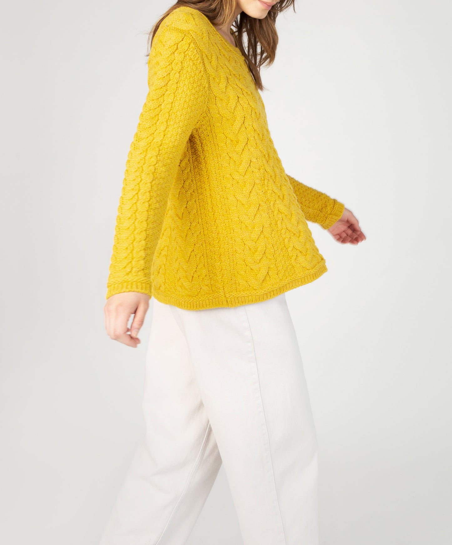 IrelandsEye Knitwear Primose A-Line Cable Round Neck Sweater Sunflower