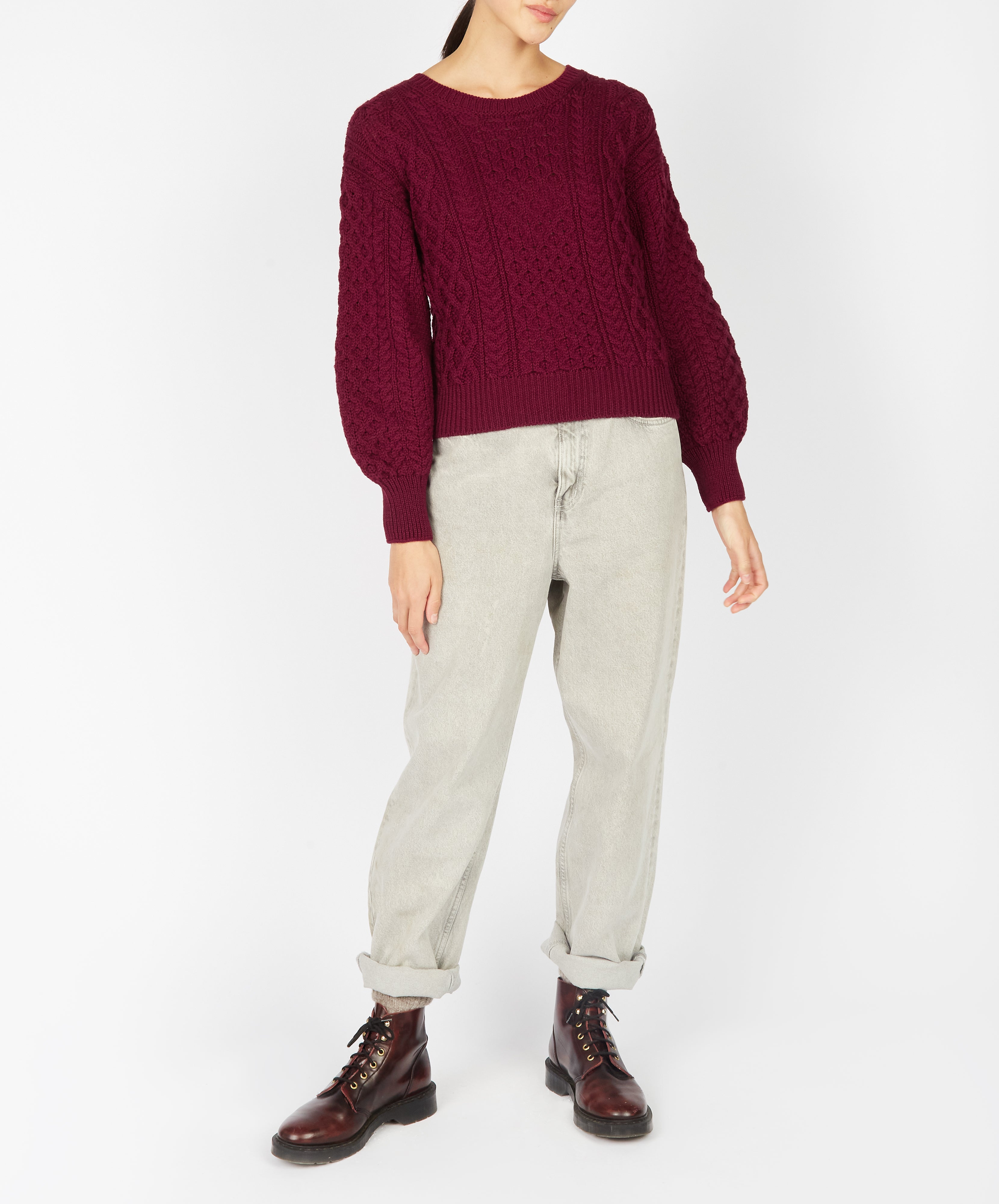 Womens Honeysuckle Cropped Aran Sweater Claret - IrelandsEye Knitwear