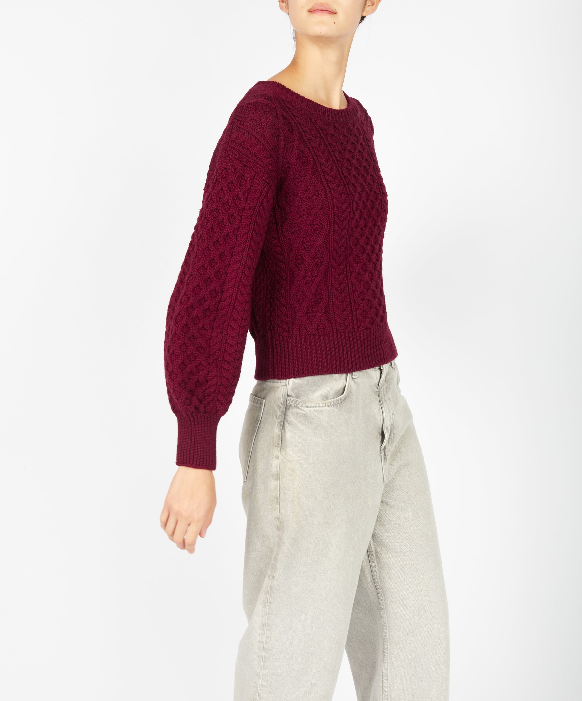 IrelandsEye Knitwear Honeysuckle Cropped Aran Sweater Claret