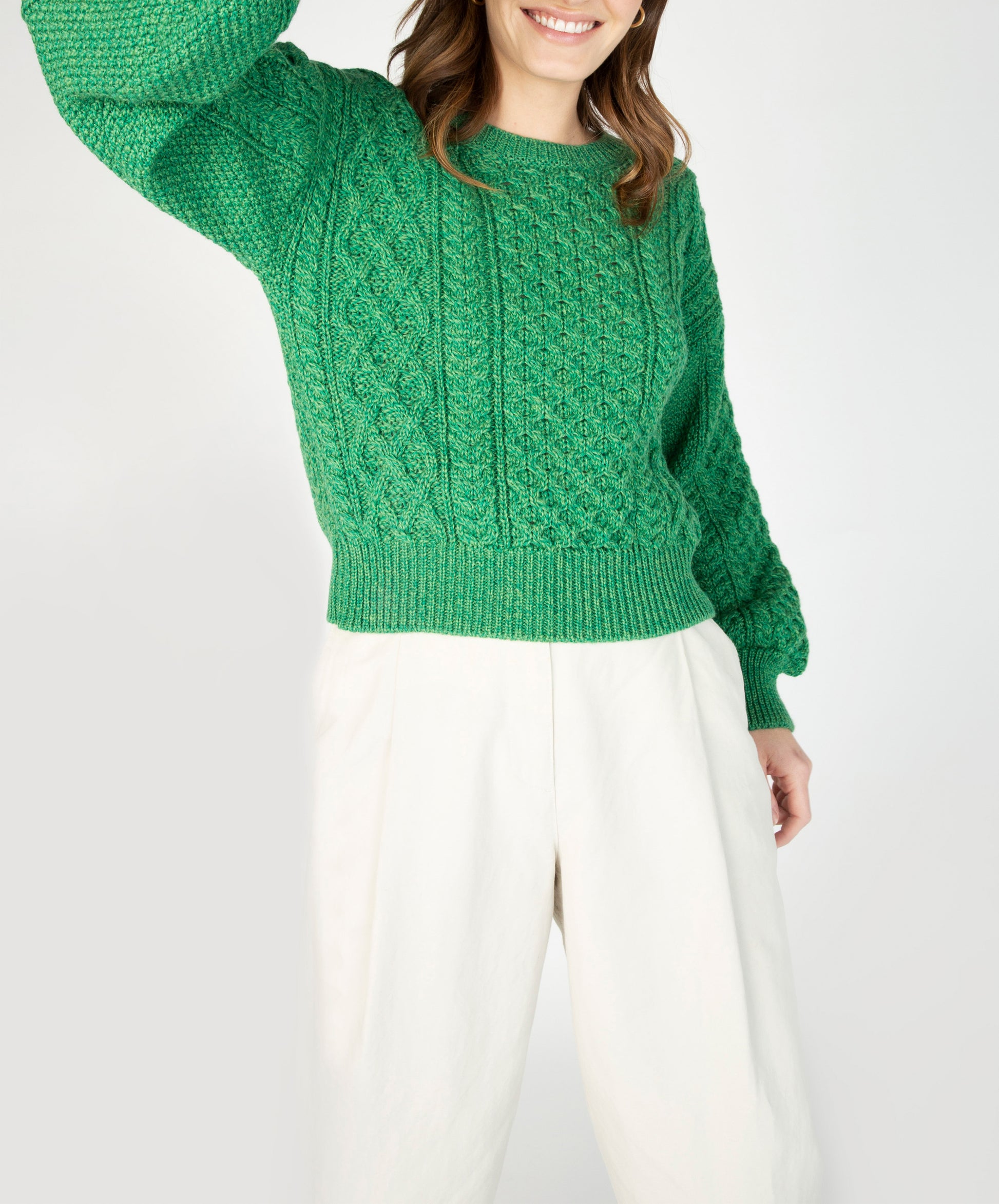 IrelandsEye Knitwear Honeysuckle Cropped Aran Sweater Green Marl