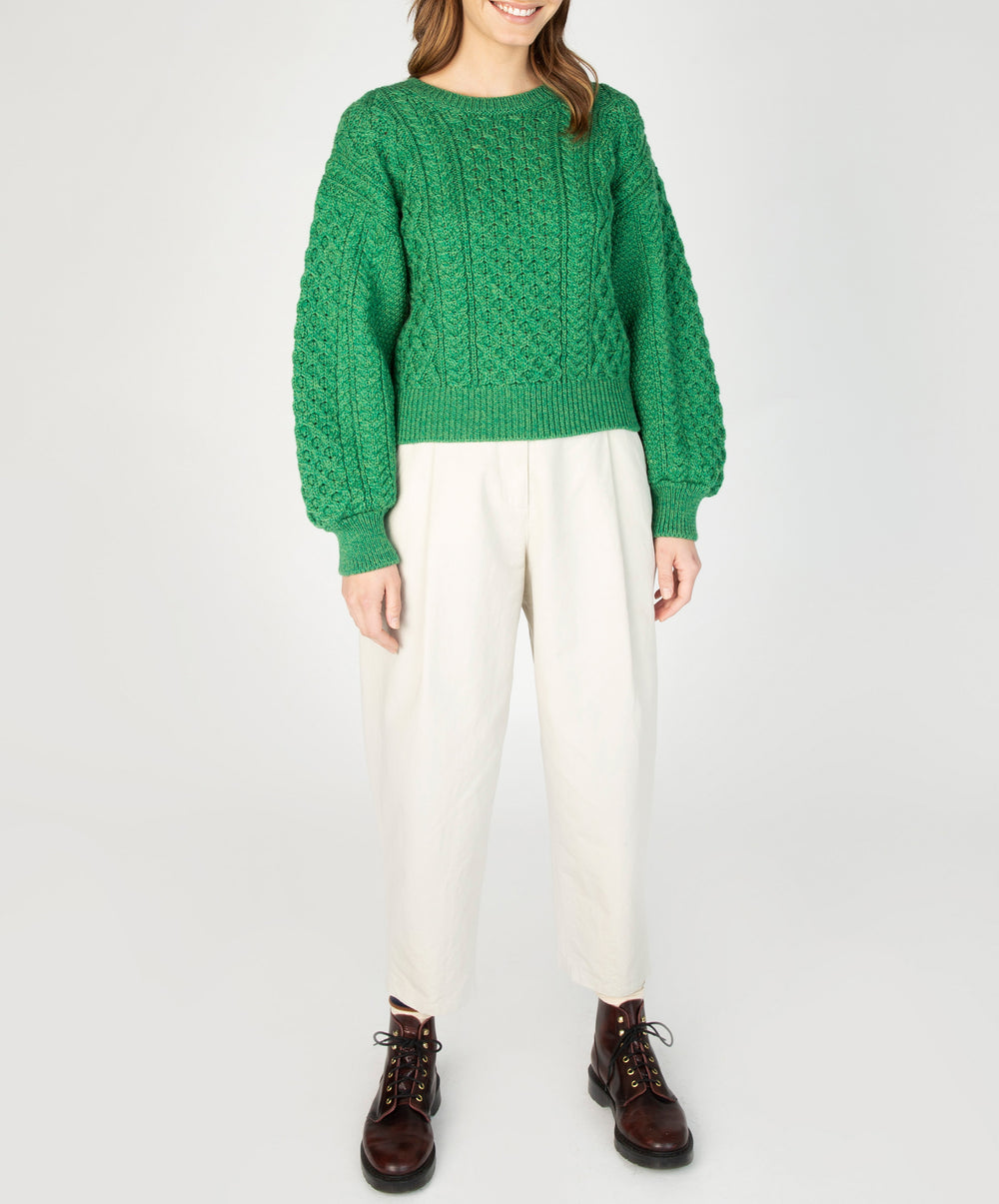 Womens Womens Honeysuckle Cropped Aran Sweater - Green Marl