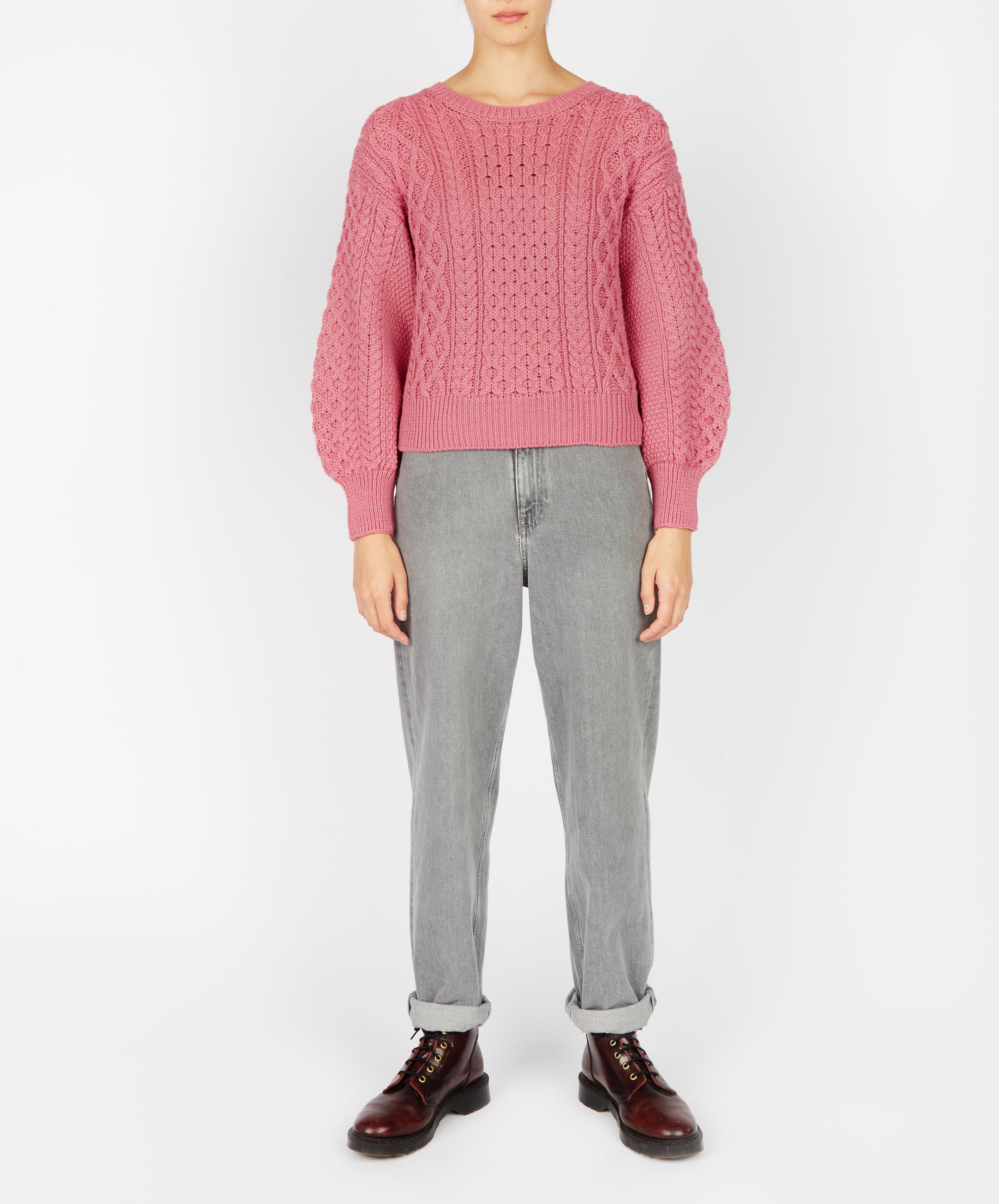 Womens Honeysuckle Cropped Aran Sweater Claret - IrelandsEye Knitwear