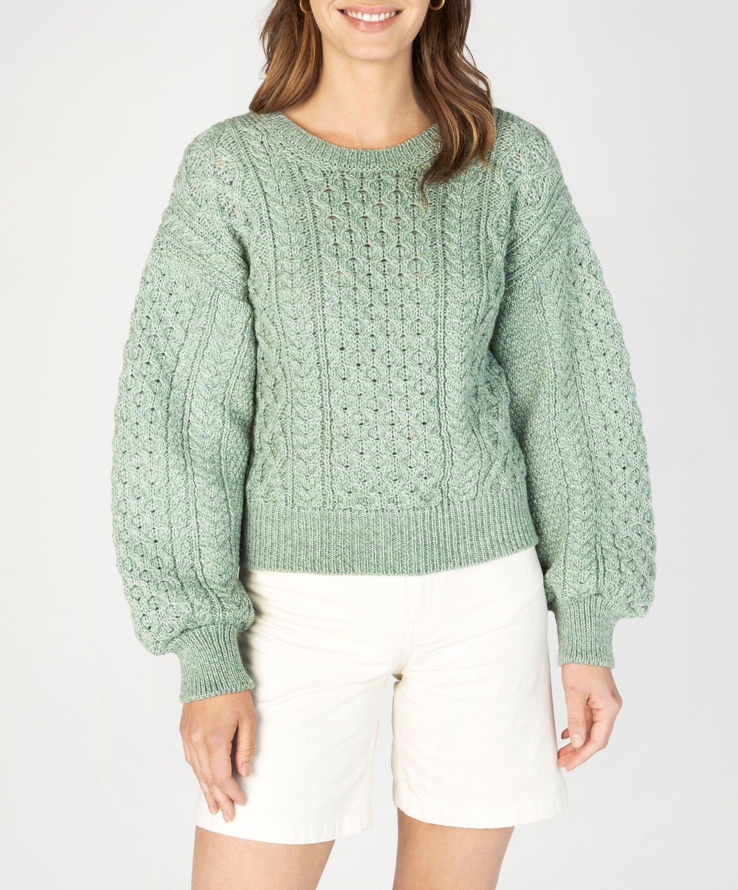 IrelandsEye Knitwear Honeysuckle Cropped Aran Sweater Sage Marl