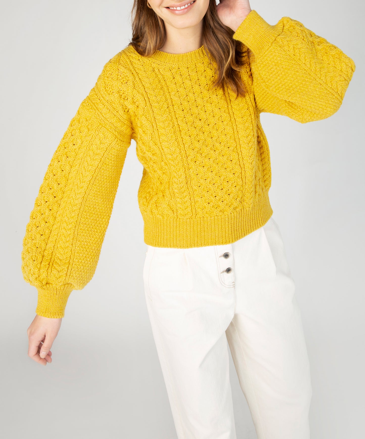 IrelandsEye Knitwear Honeysuckle Cropped Aran Sweater Sunflower