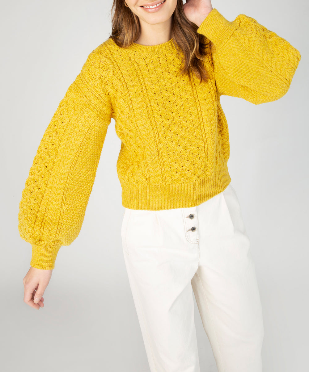 Womens Honeysuckle Cropped Aran Sweater - Sunflower - IrelandsEye