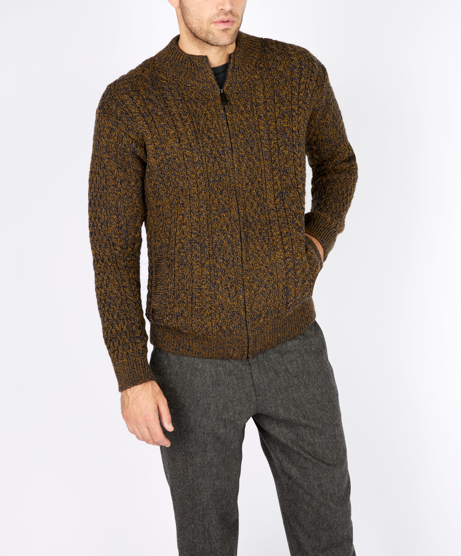 IrelandsEye Knitwear Aran Textured Zipped Cardigan Desert Marl