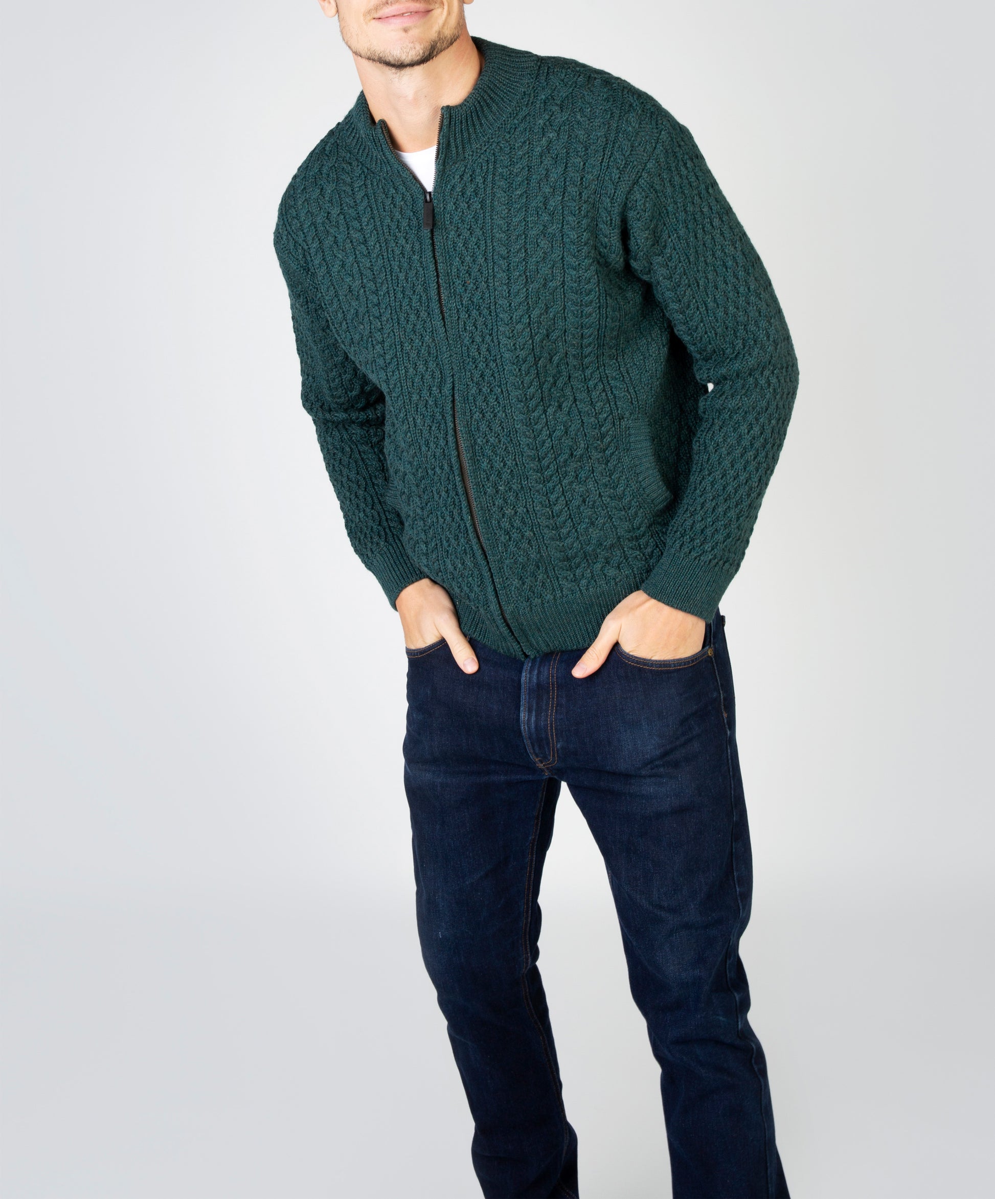 IrelandsEye Knitwear Aran Textured Zipped Cardigan Evergreen