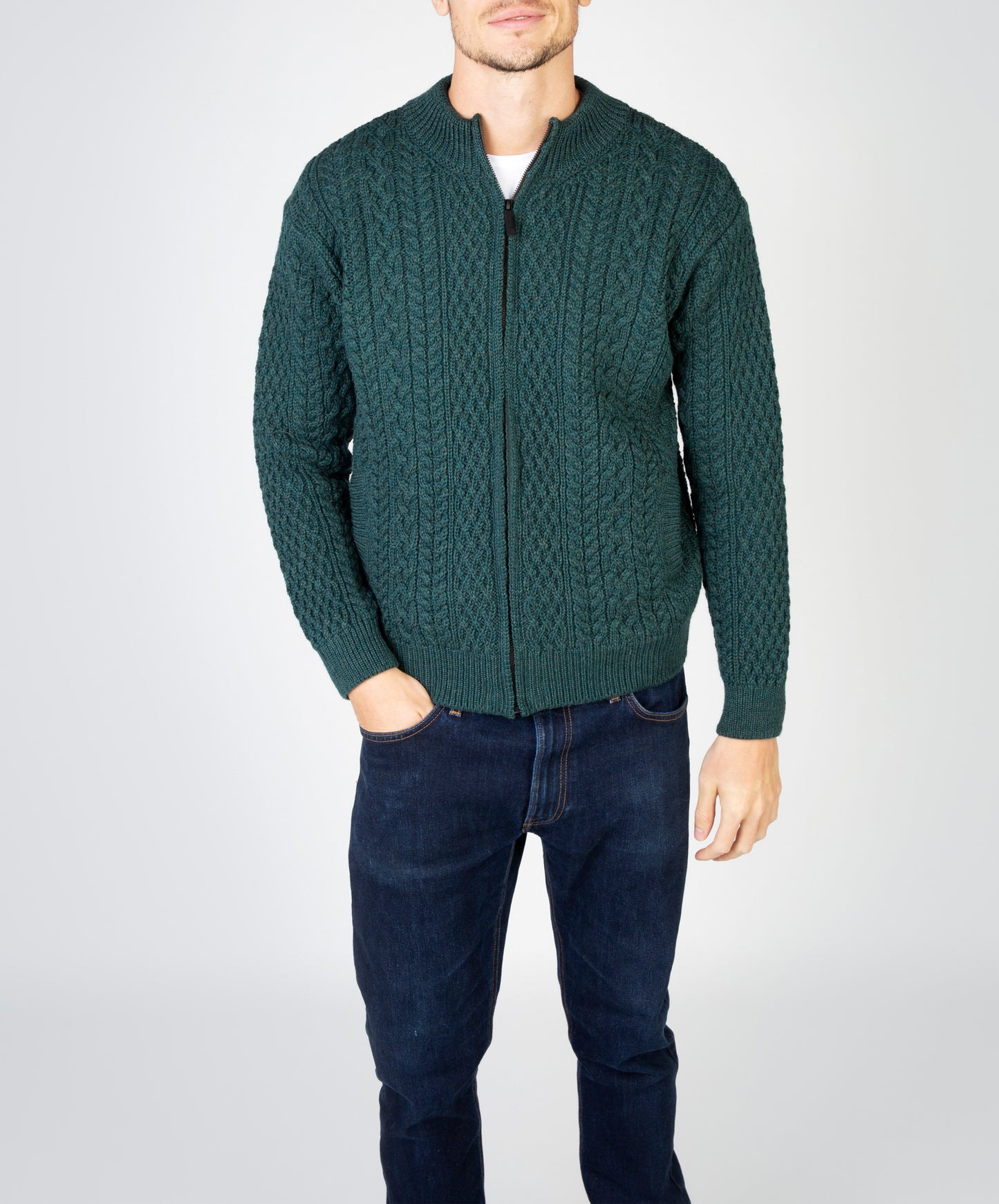 IrelandsEye Knitwear Aran Textured Zipped Cardigan Evergreen