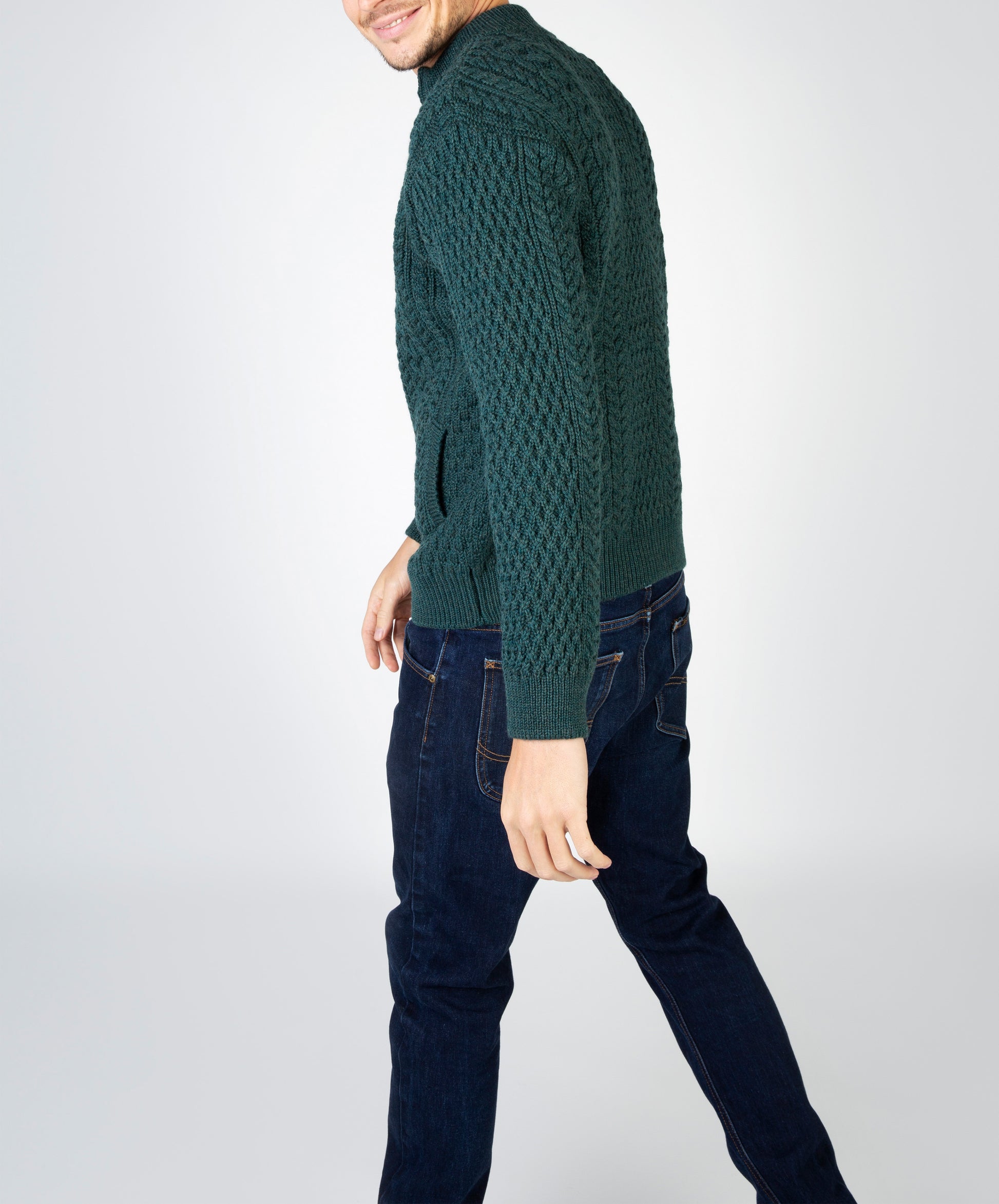 IrelandsEye Knitwear Aran Textured Zipped Cardigan Evergreen