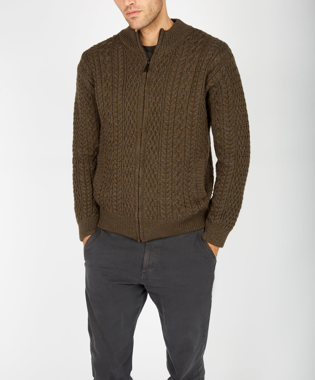 IrelandsEye Knitwear Aran Textured Zipped Cardigan Forest Marl