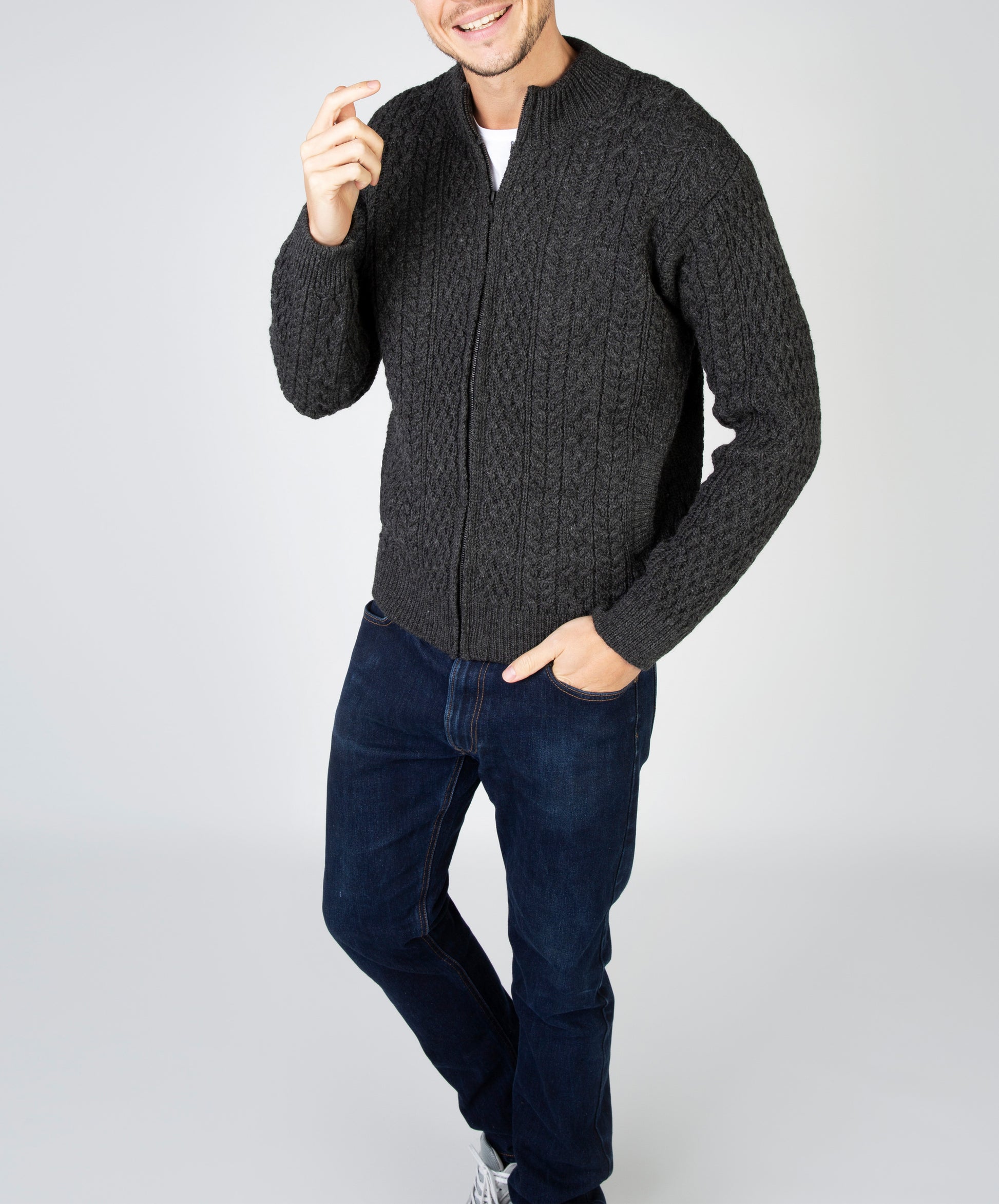 IrelandsEye Knitwear Aran Textured Zipped Cardigan Graphite