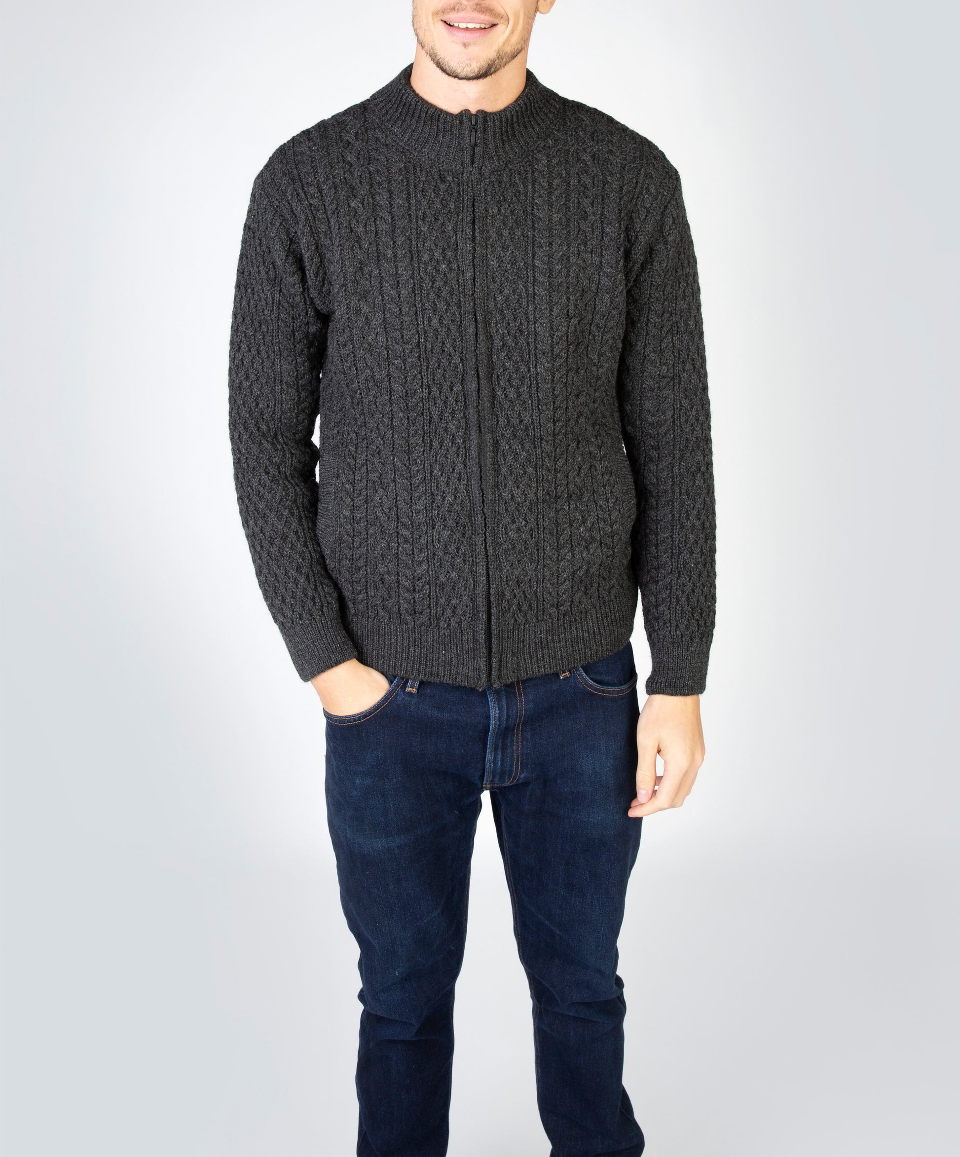 IrelandsEye Knitwear Aran Textured Zipped Cardigan Graphite