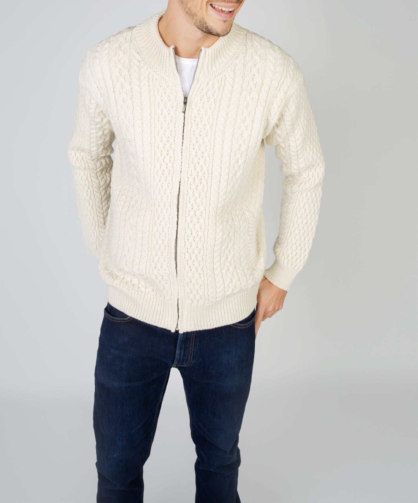 IrelandsEye Knitwear Aran Textured Zipped Cardigan Natural