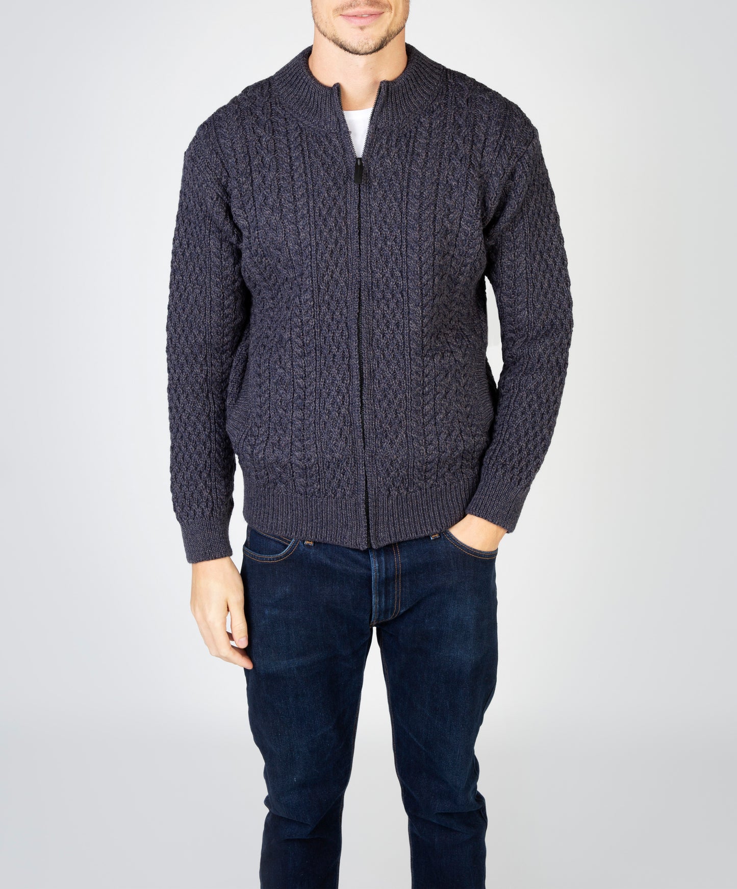 IrelandsEye Knitwear Aran Textured Zipped Cardigan Navy Marl