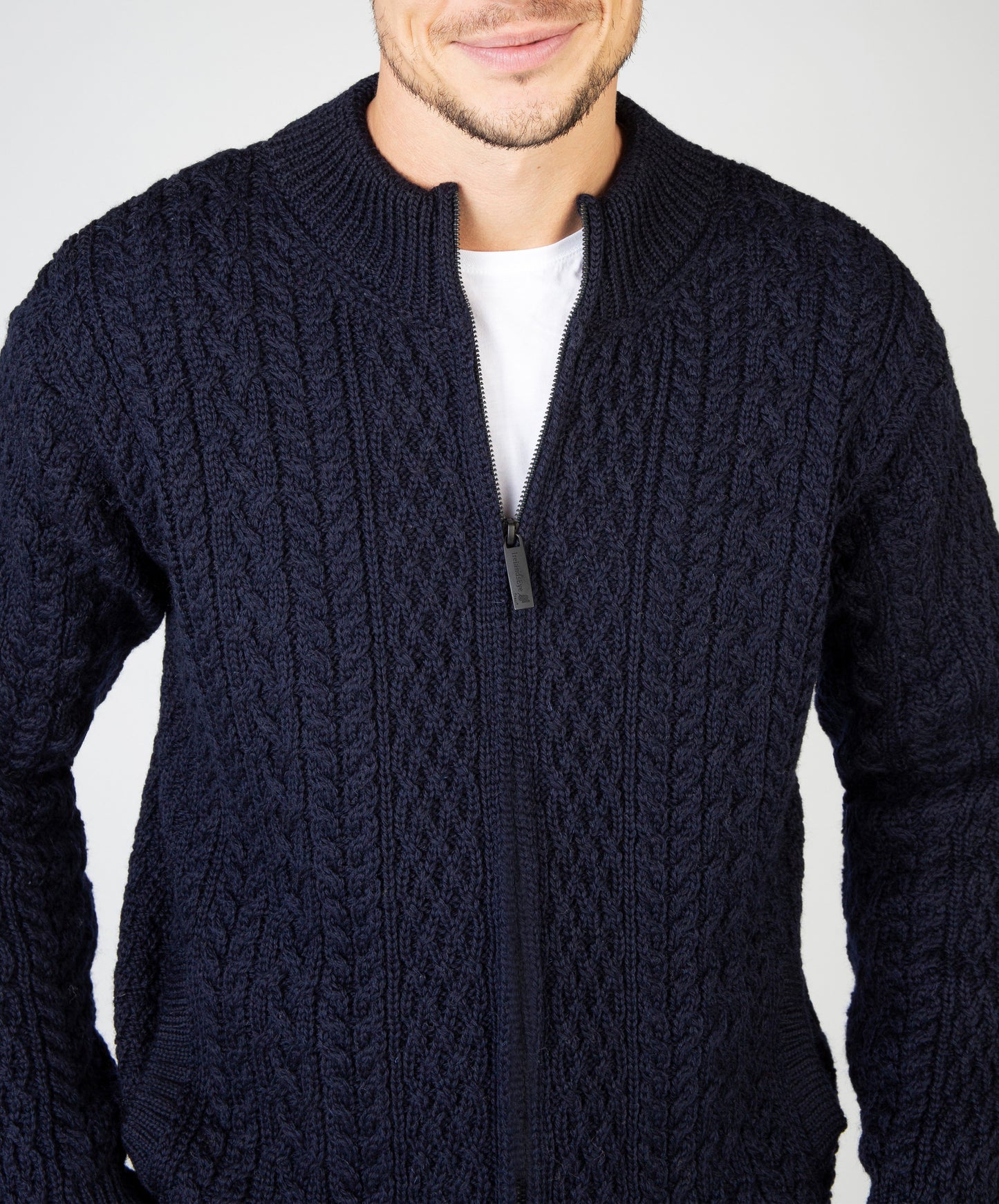 IrelandsEye Knitwear Aran Textured Zipped Cardigan Navy