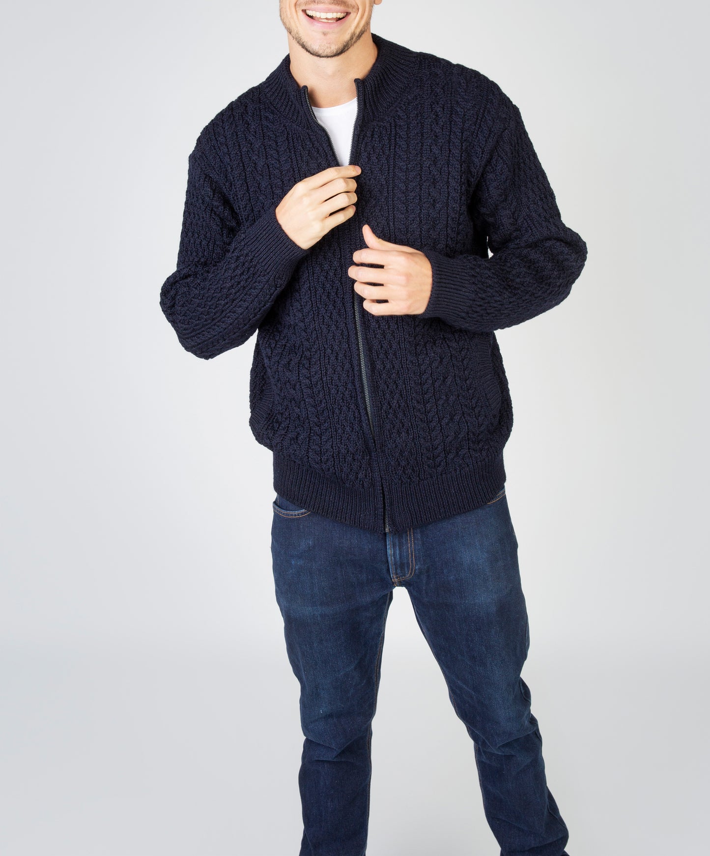 IrelandsEye Knitwear Aran Textured Zipped Cardigan Navy