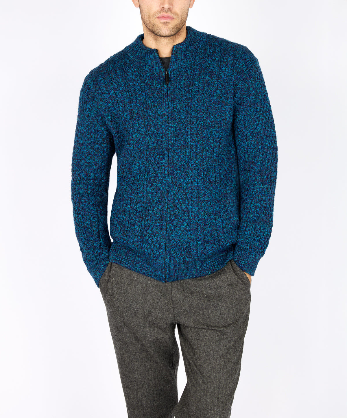 IrelandsEye Knitwear Aran Textured Zipped Cardigan Petrol Marl