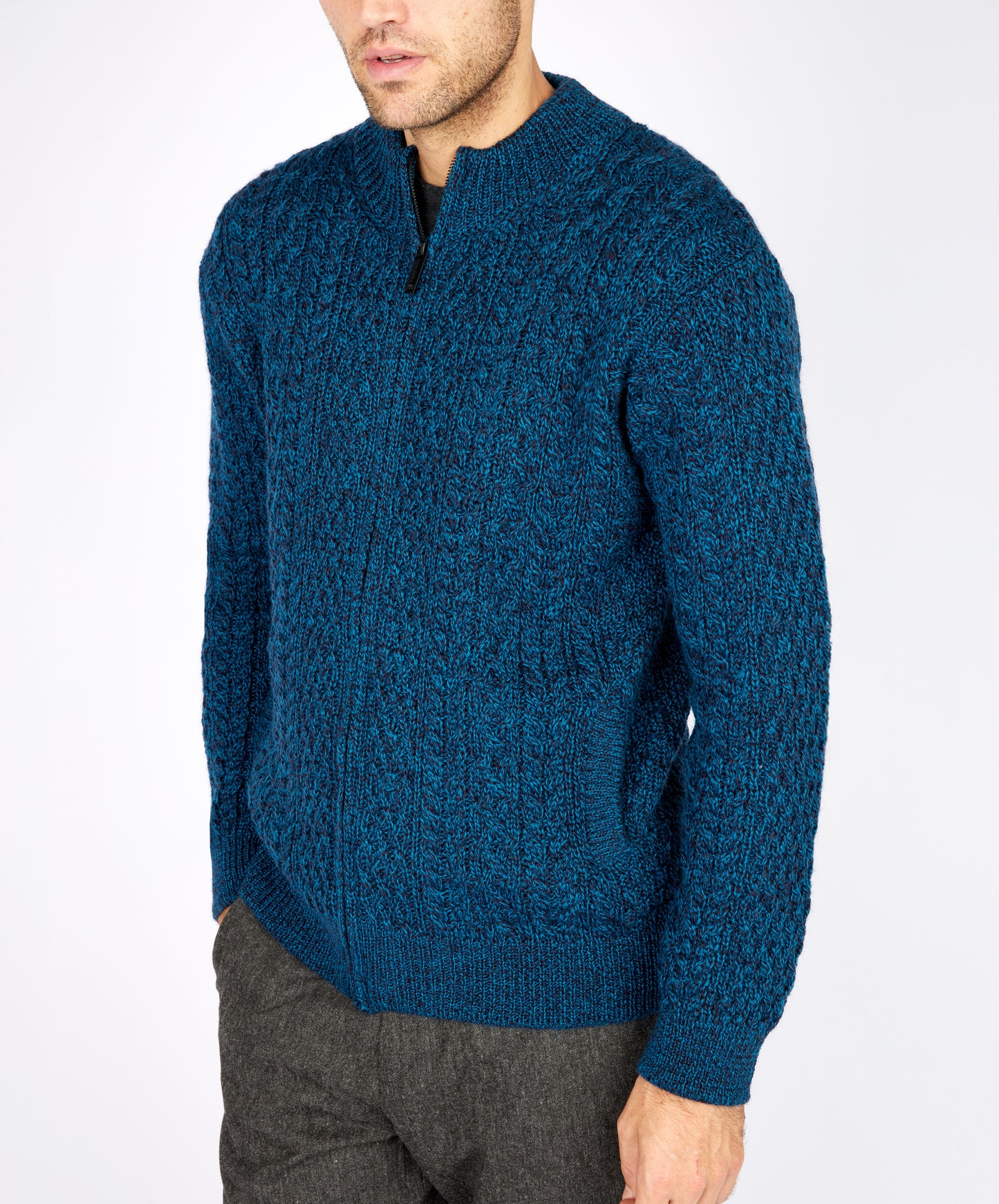 IrelandsEye Knitwear Aran Textured Zipped Cardigan Petrol Marl