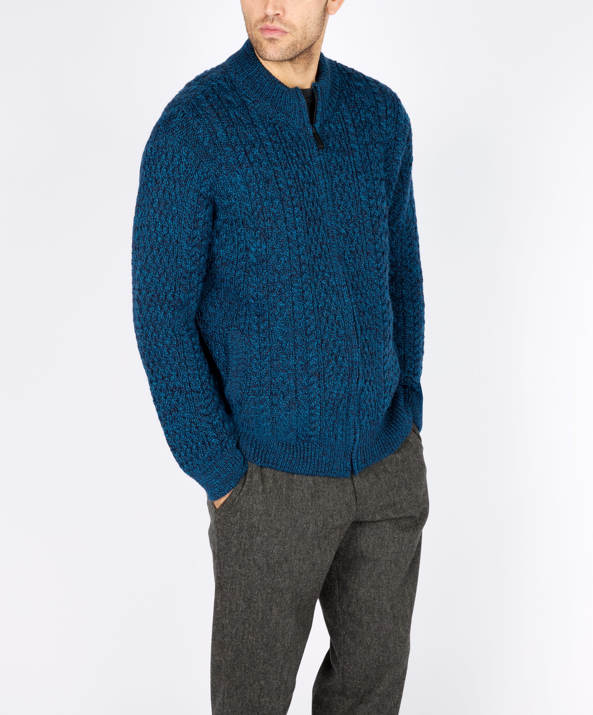 IrelandsEye Knitwear Aran Textured Zipped Cardigan Petrol Marl