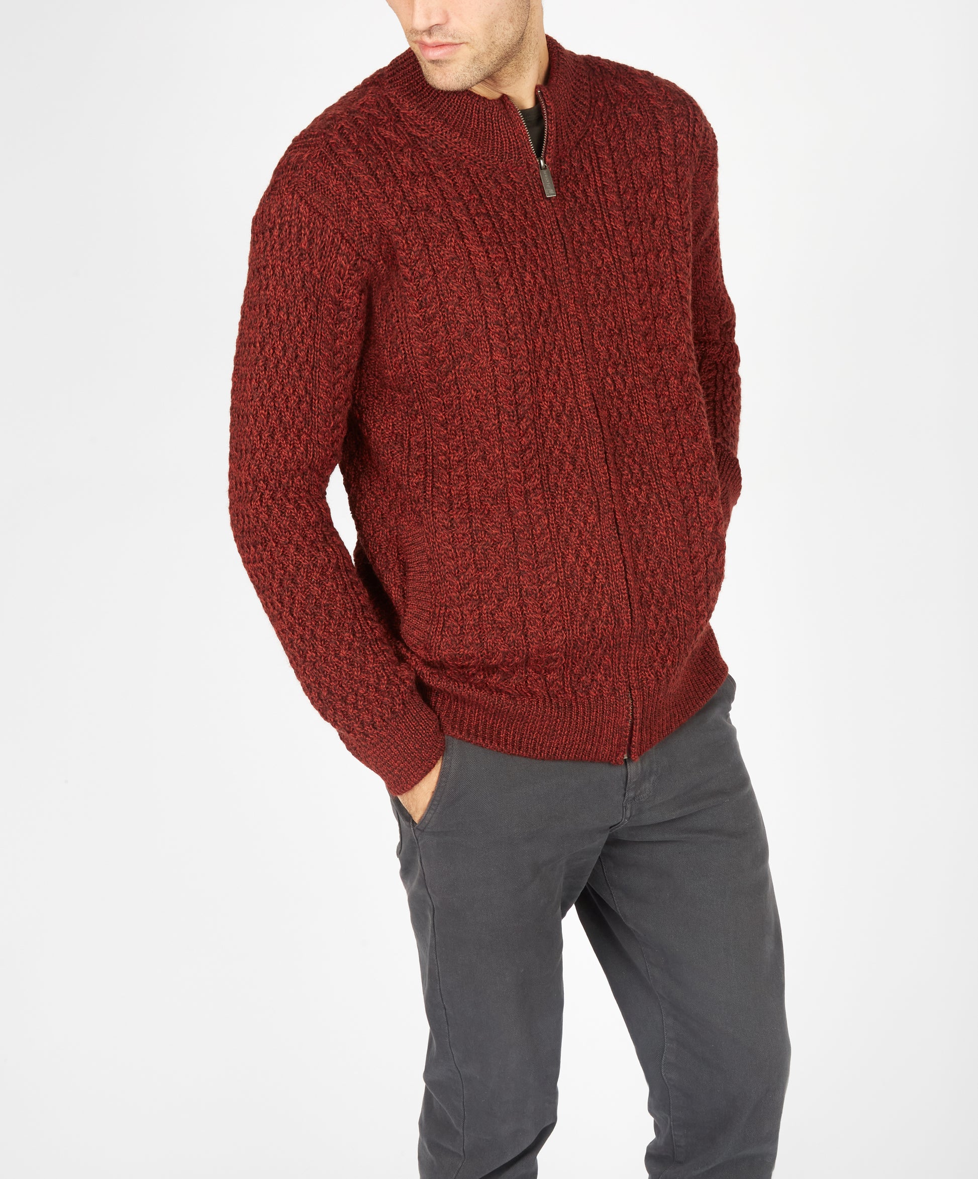 IrelandsEye Knitwear Aran Textured Zipped Cardigan Sable Marl