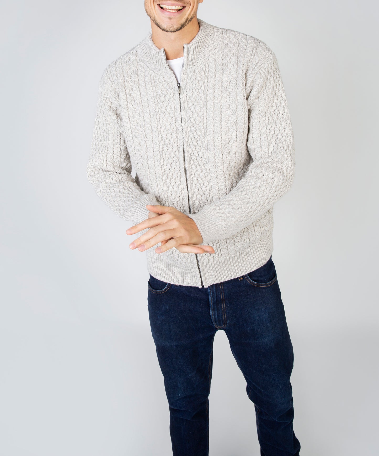IrelandsEye Knitwear Aran Textured Zipped Cardigan Silver Marl