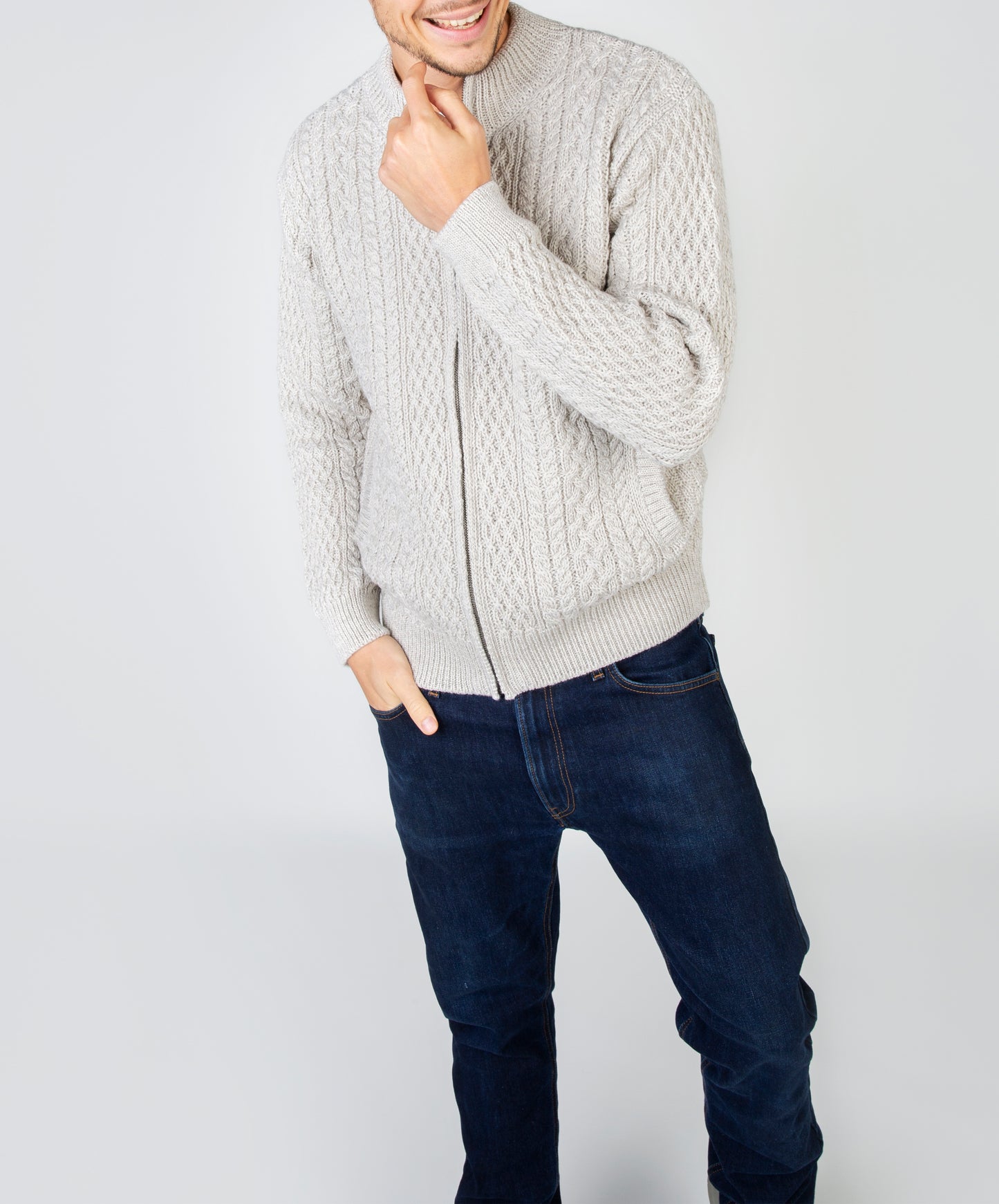IrelandsEye Knitwear Aran Textured Zipped Cardigan Silver Marl
