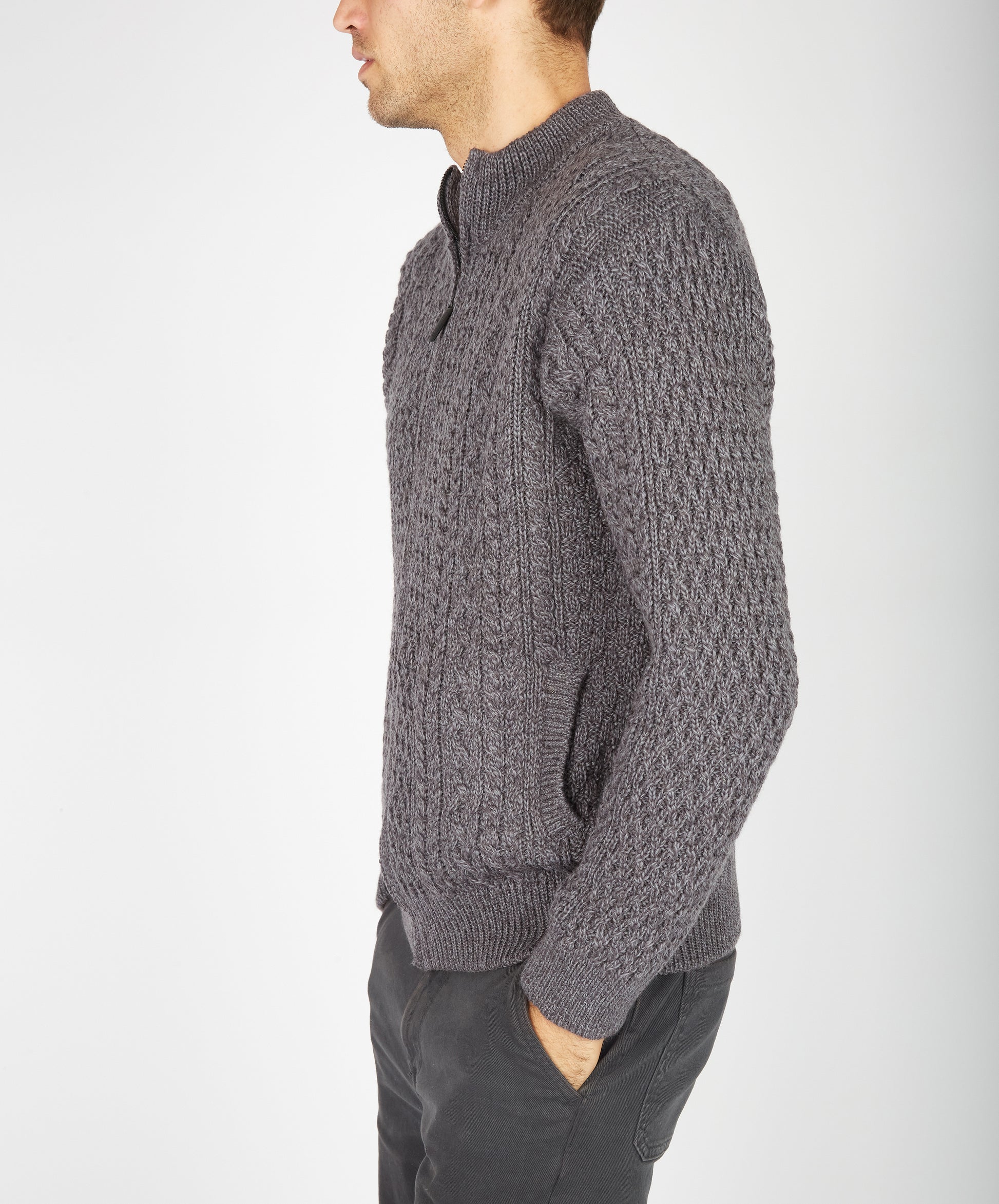 IrelandsEye Knitwear Aran Textured Zipped Cardigan Steel Marl