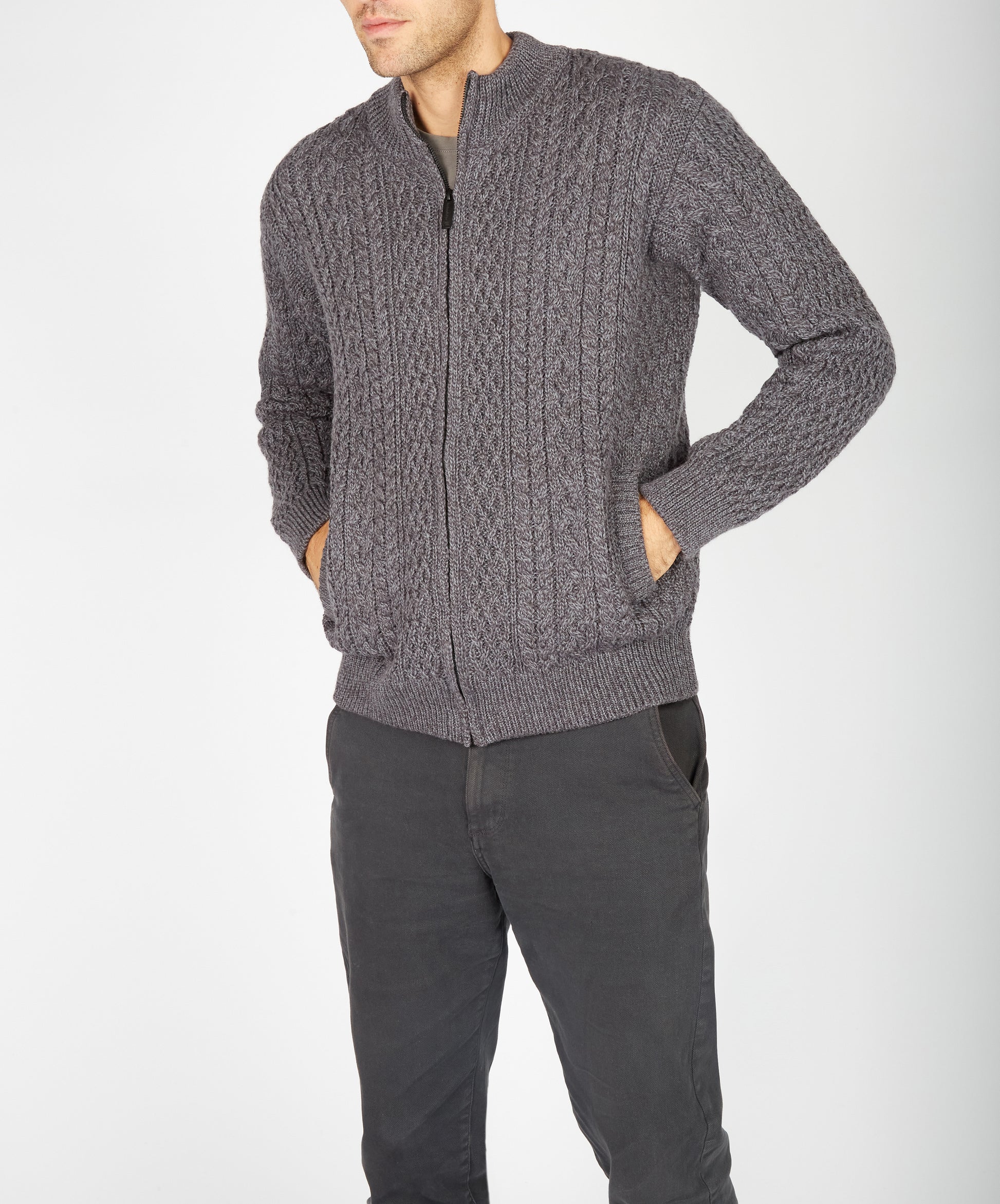 IrelandsEye Knitwear Aran Textured Zipped Cardigan Steel Marl