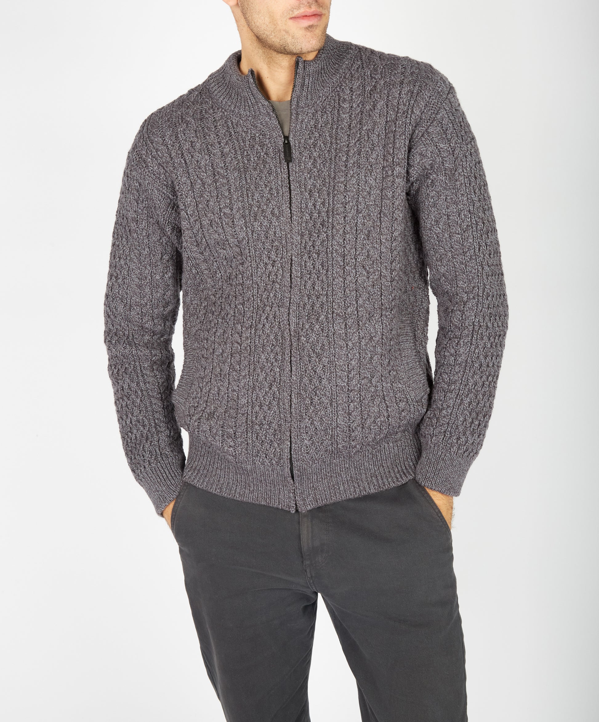 IrelandsEye Knitwear Aran Textured Zipped Cardigan Steel Marl