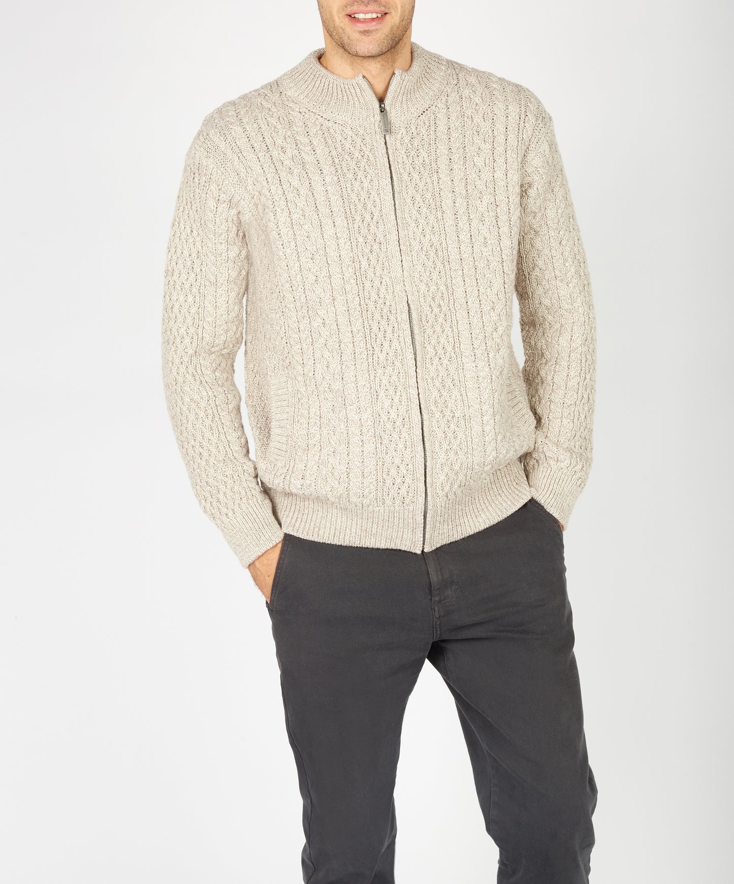 IrelandsEye Knitwear Aran Textured Zipped Cardigan Stone Marl