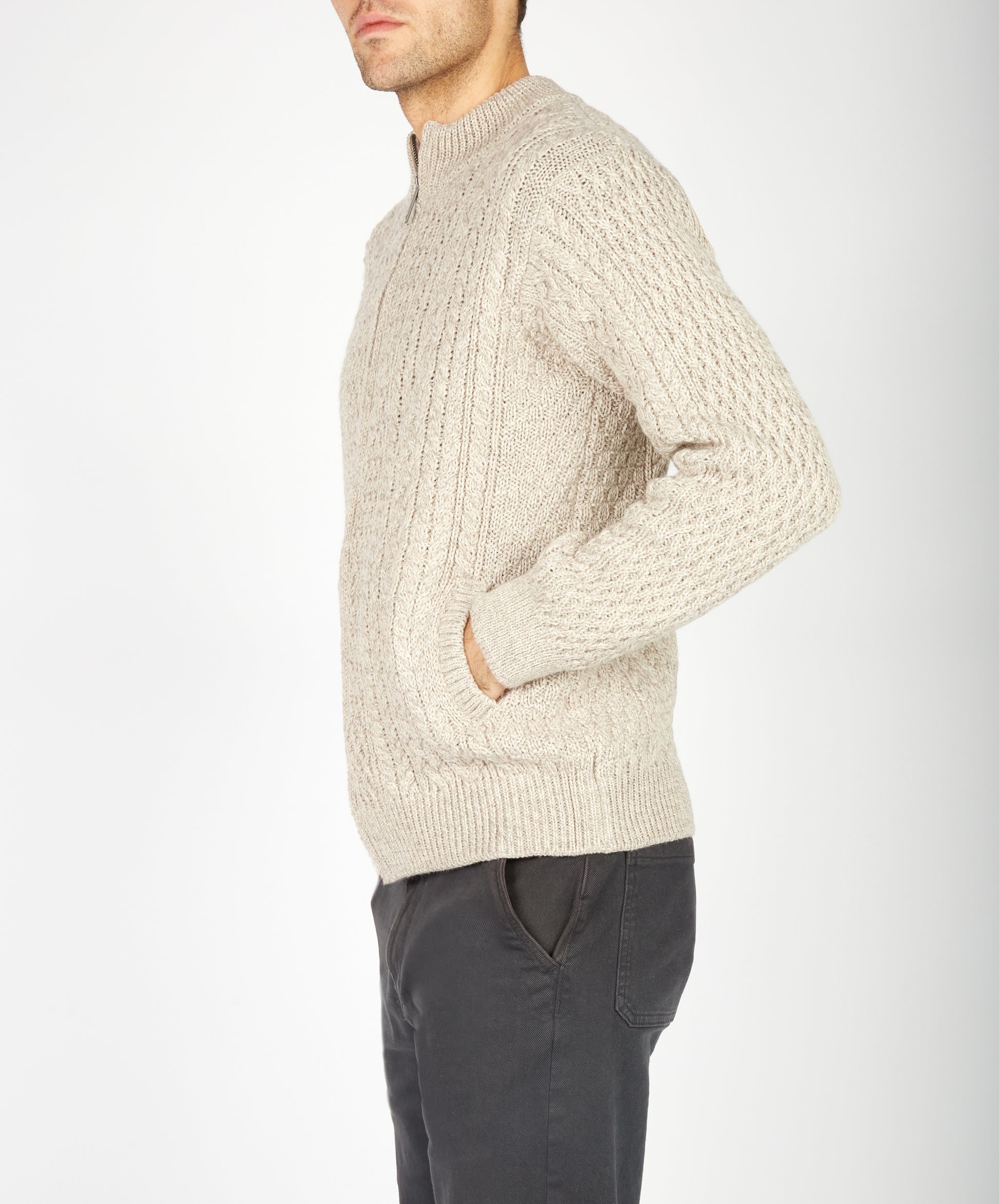 IrelandsEye Knitwear Aran Textured Zipped Cardigan Stone Marl