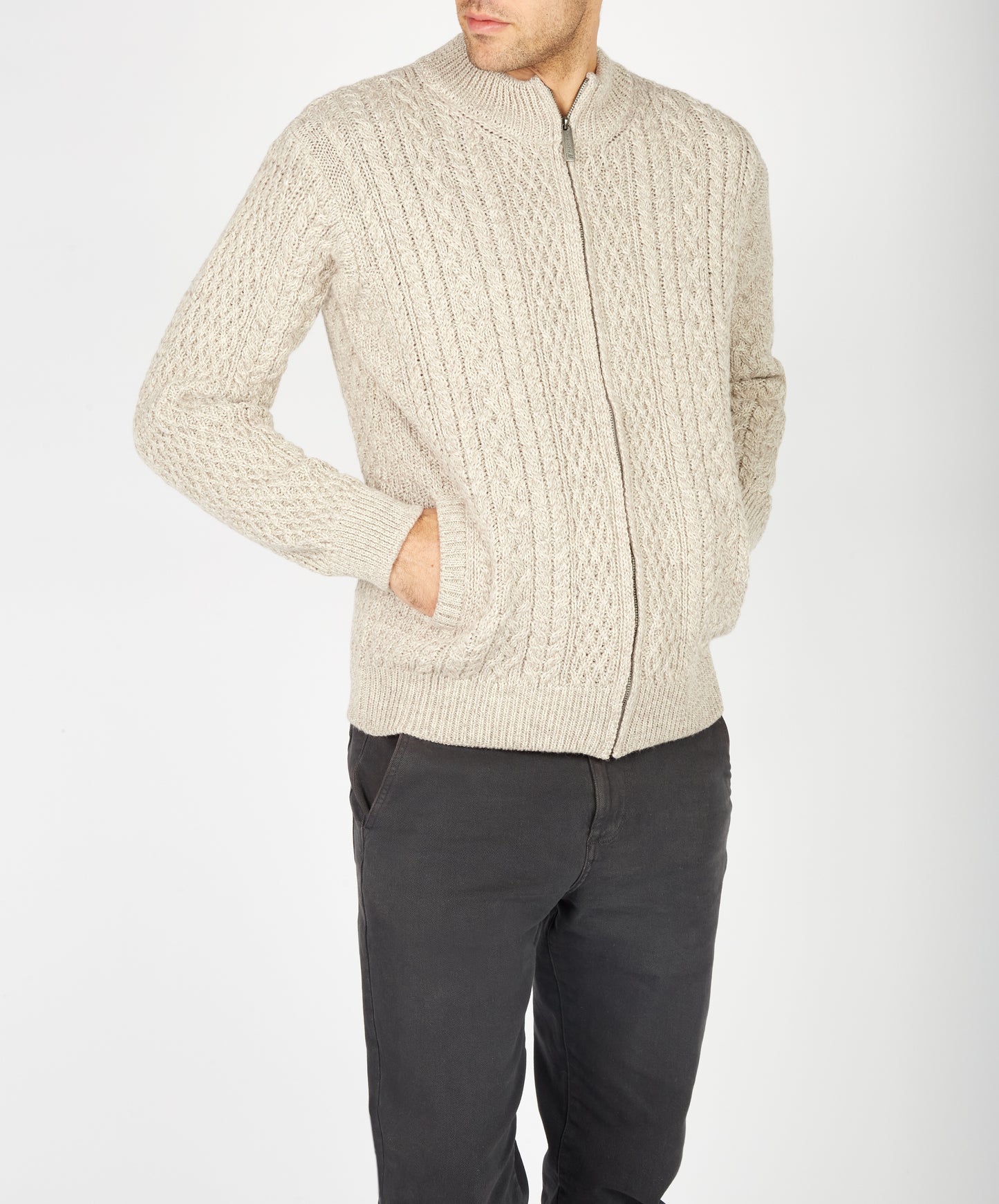 IrelandsEye Knitwear Aran Textured Zipped Cardigan Stone Marl