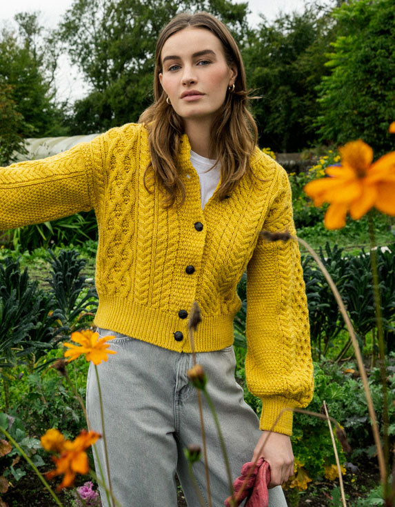IrelandsEye Knitwear Clover Cropped Aran Cardigan in Sunflower