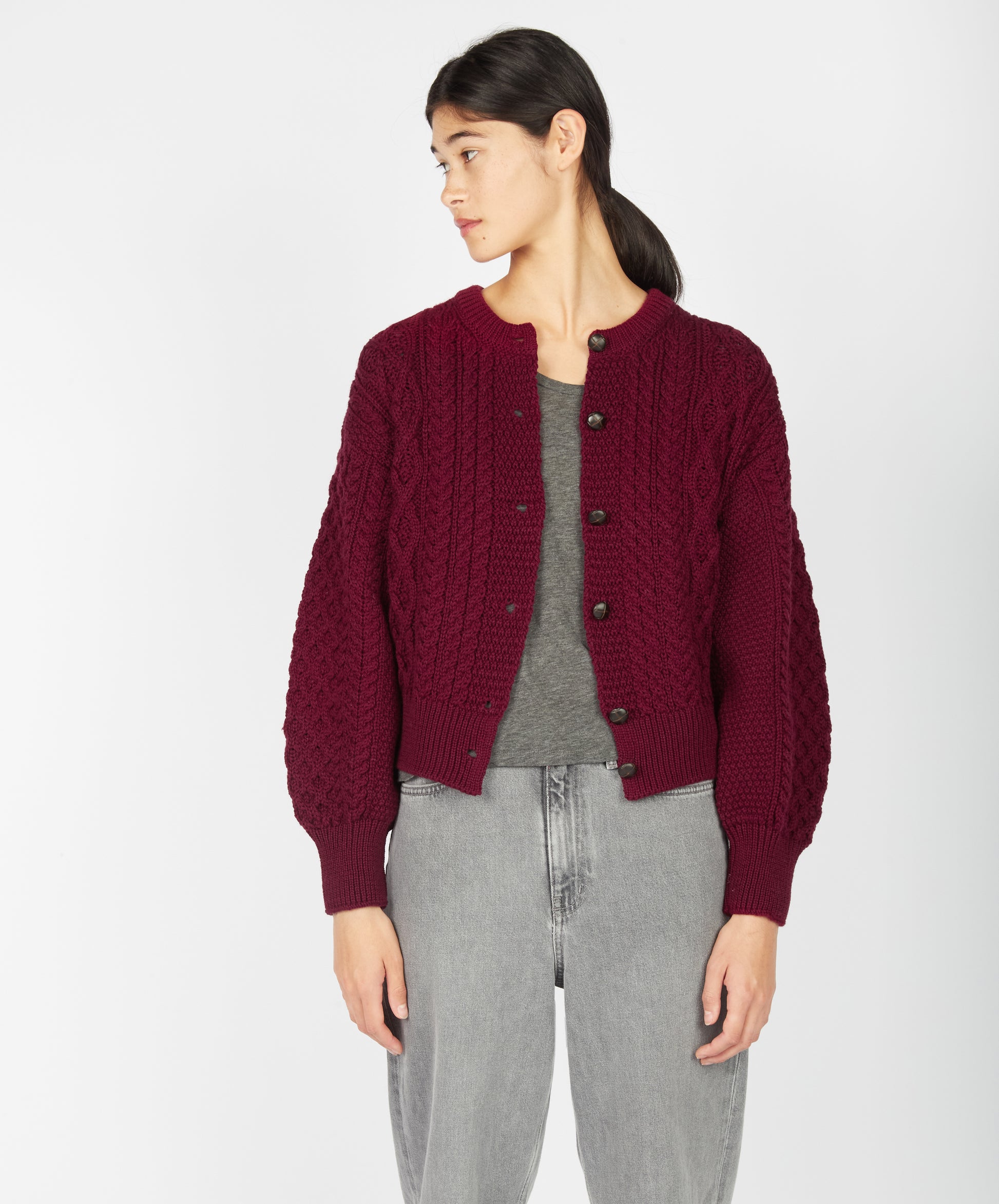Womens Clover Cropped Aran Cardigan Claret IrelandsEye Knitwear