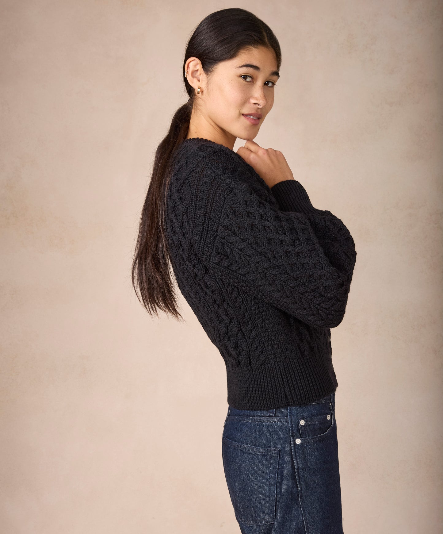 IrelandsEye Knitwear Clover Cropped Aran Cardigan Dark Night