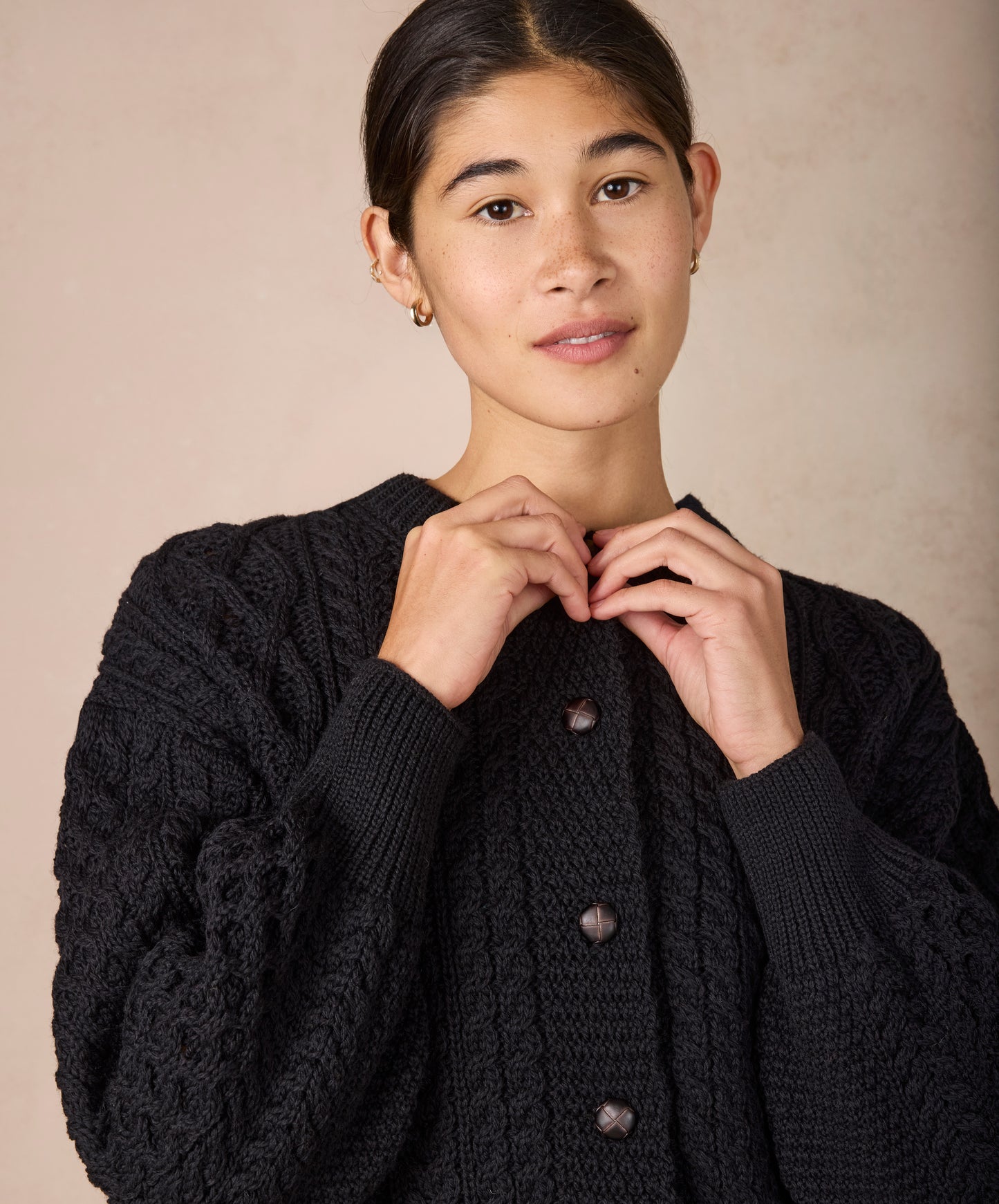 IrelandsEye Knitwear Clover Cropped Aran Cardigan Dark Night