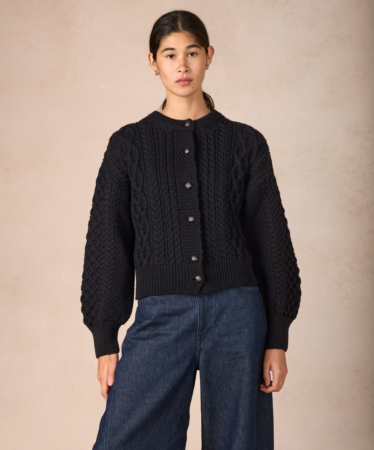 IrelandsEye Knitwear Clover Cropped Aran Cardigan Dark Night