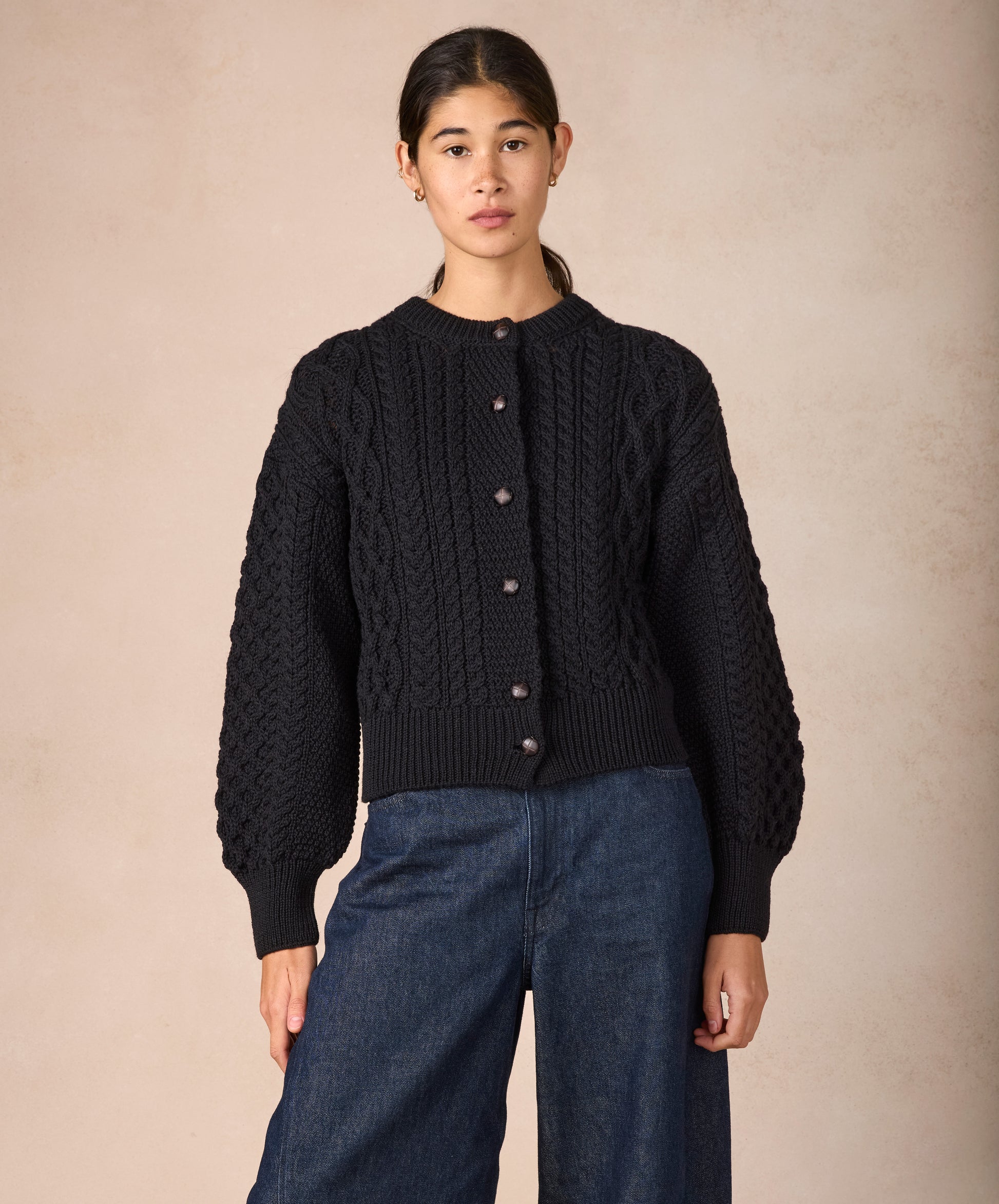 IrelandsEye Knitwear Clover Cropped Aran Cardigan Dark Night