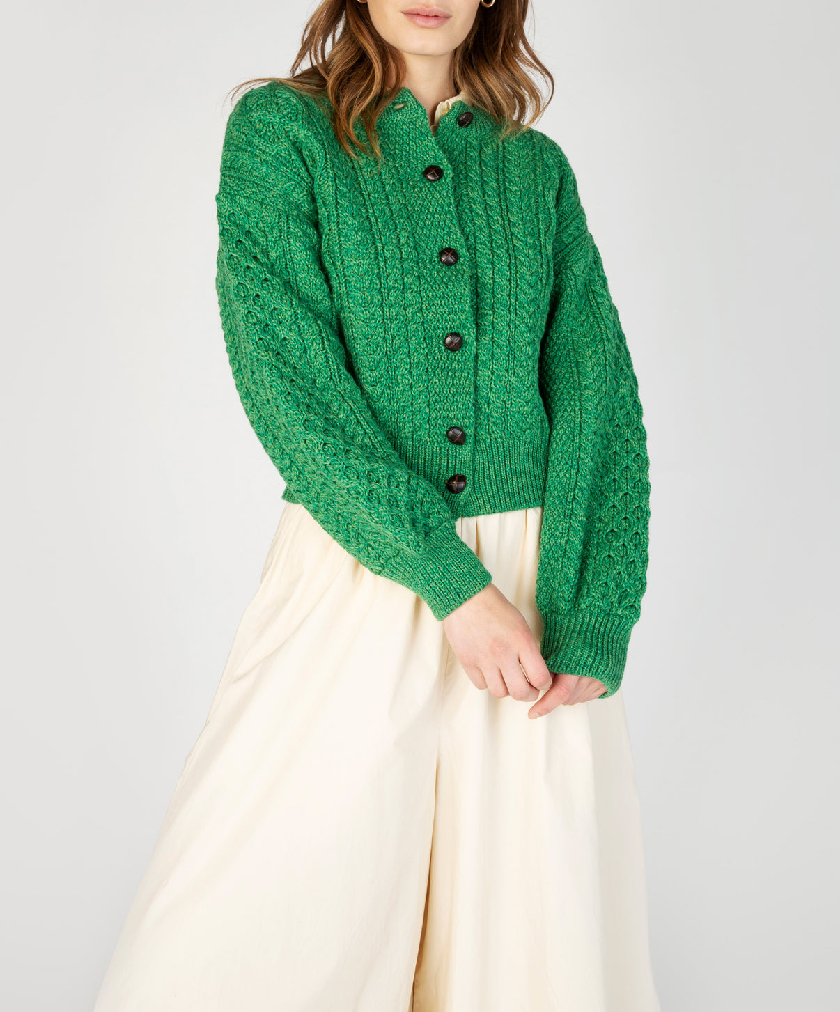 Womens Clover Cropped Aran Cardigan - Green Marl - IrelandsEye Knitwear